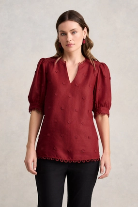 SweatWicking Fabric Lace Trim Linen Top ?C Crimson
