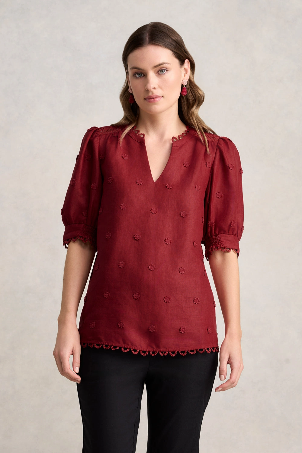 SweatWicking Fabric Lace Trim Linen Top ?C Crimson