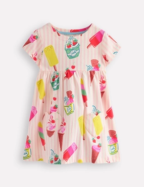 Flexible Weave Comfy Stretch Wear Short Sleeve Printed Tunic-Vintage Pink Ice Cream Stripe