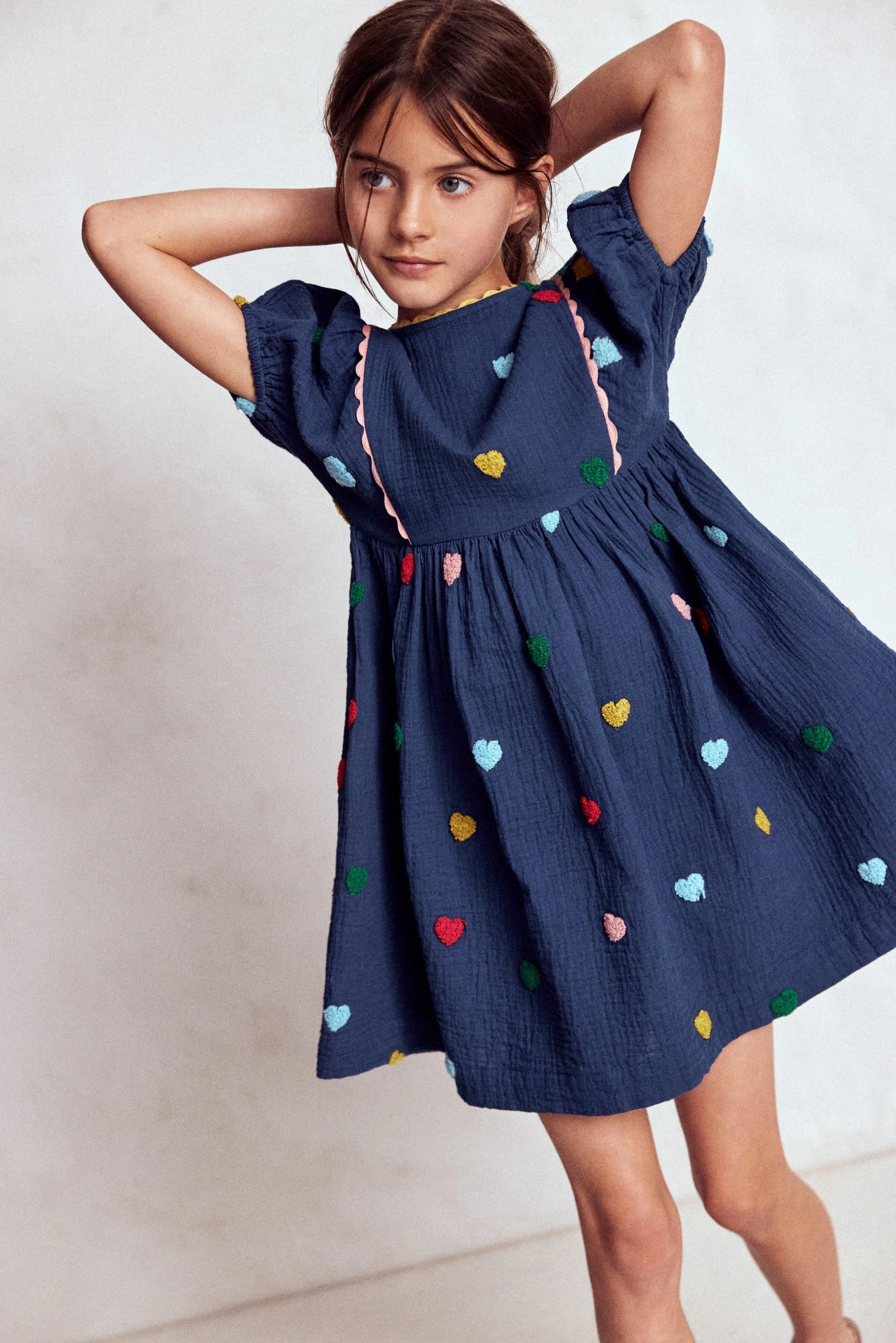 Puff Sleeve Double Cloth Dress-Starboard Blue Hearts Sleek Fit