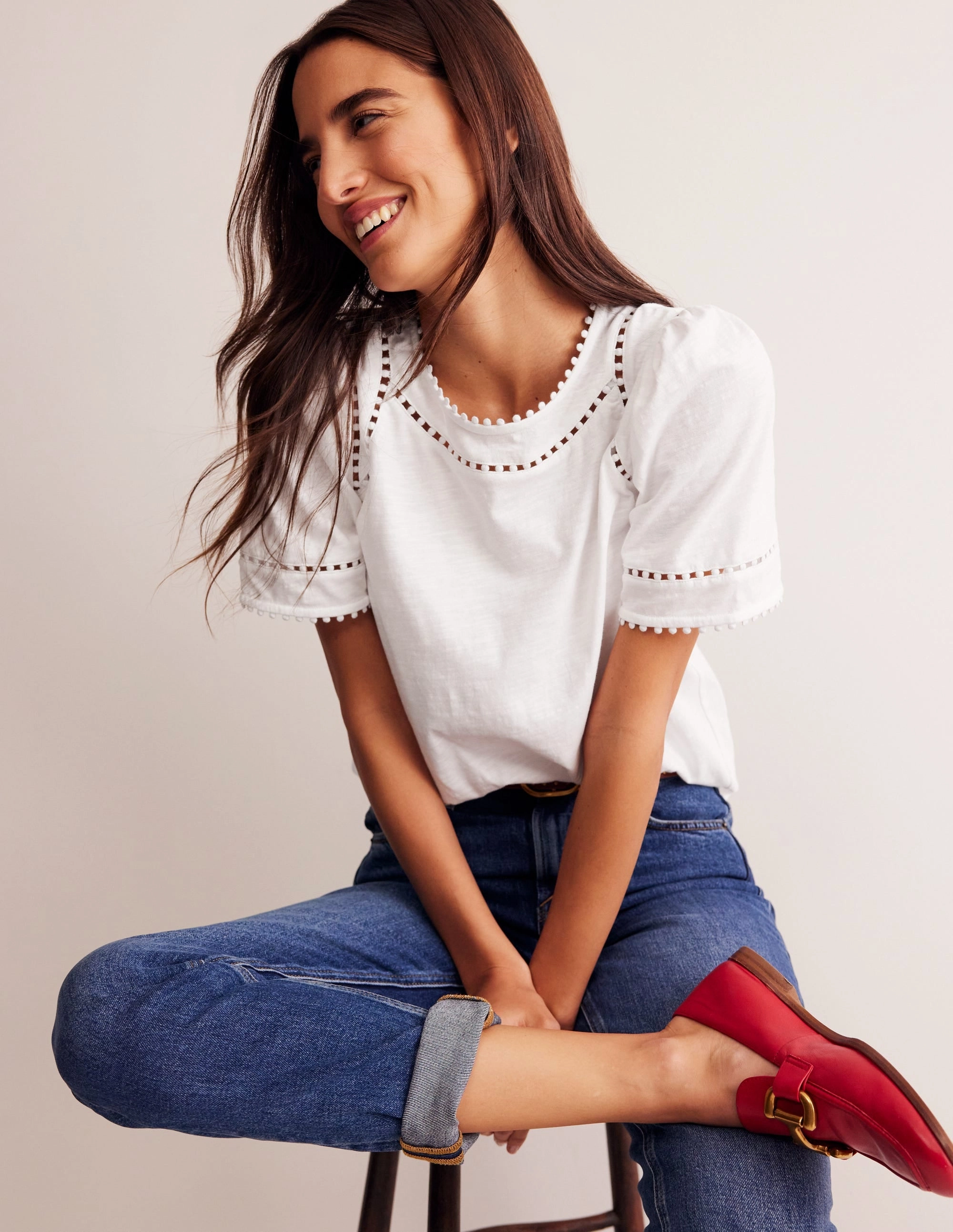 Stylish Wearable Easy Layering Mila Trim Detail Top-White