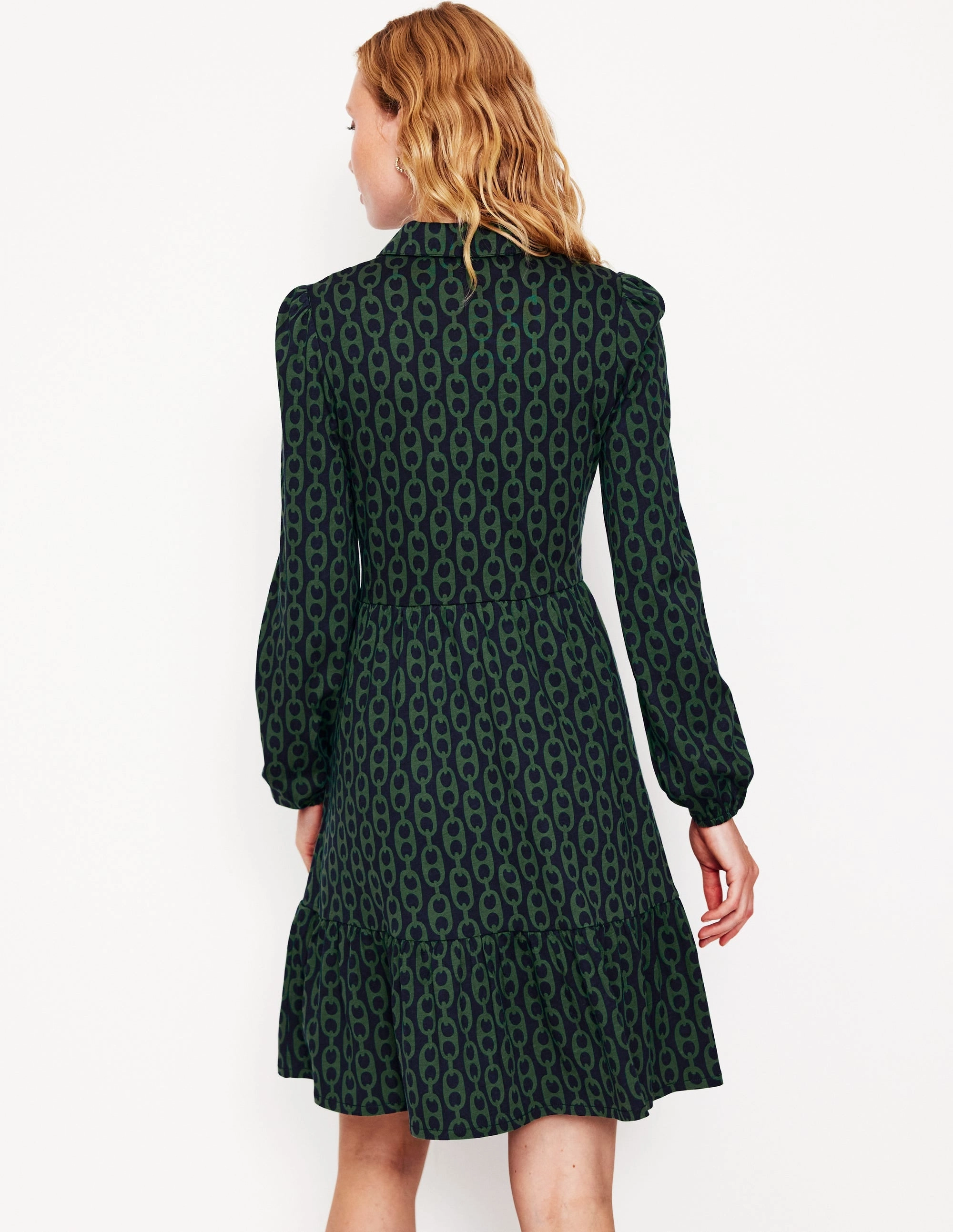 Vibrant pattern Jemima Tiered Jersey Dress-Pine, Geo Chain