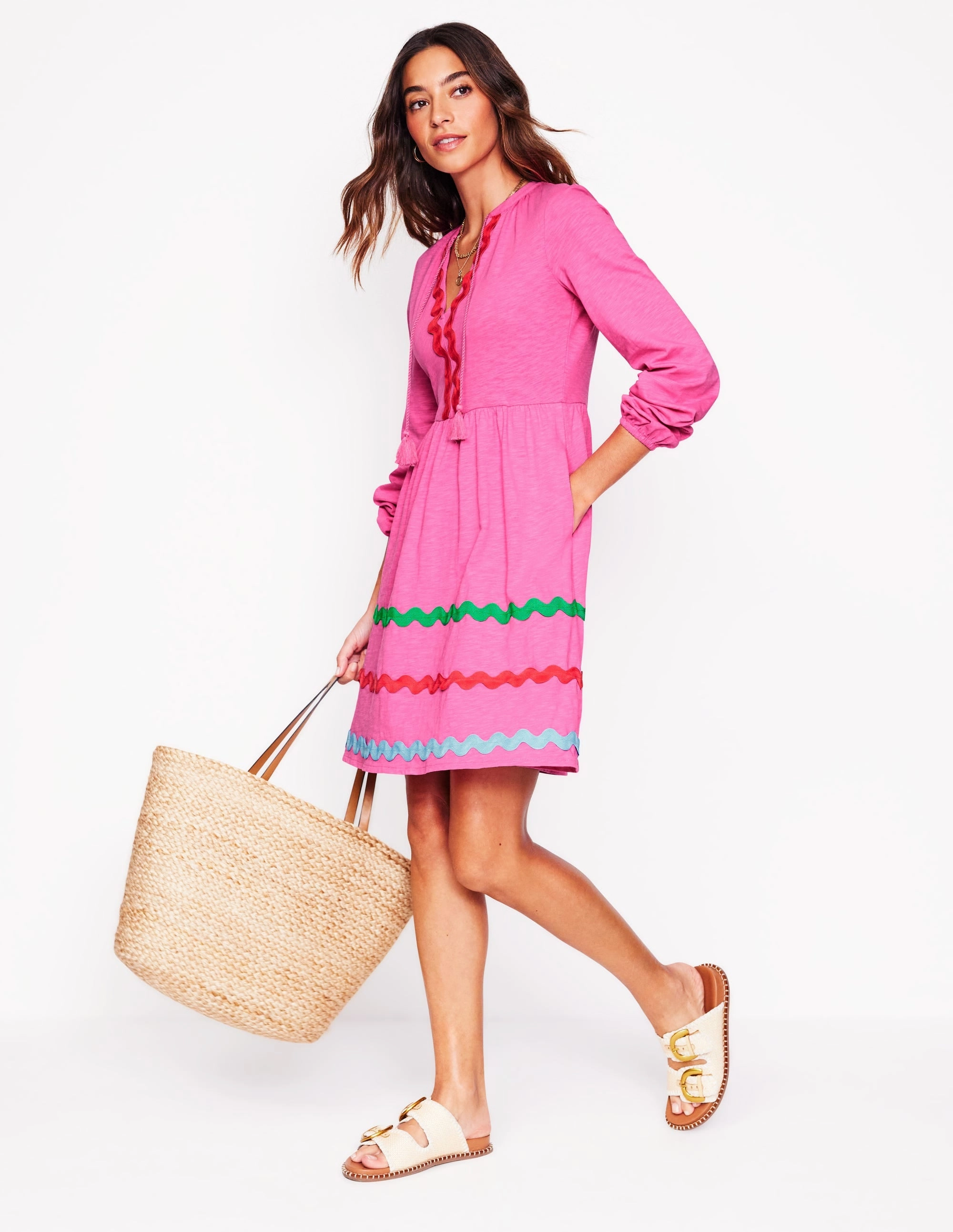 Bow Soft Minimal Design Corinna Ric Rac Jersey Dress-Sorbet Pink