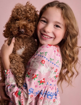 Tailored Cut Velvet-Edge Cosy Smocked Dress-Pink Valentines Bunny