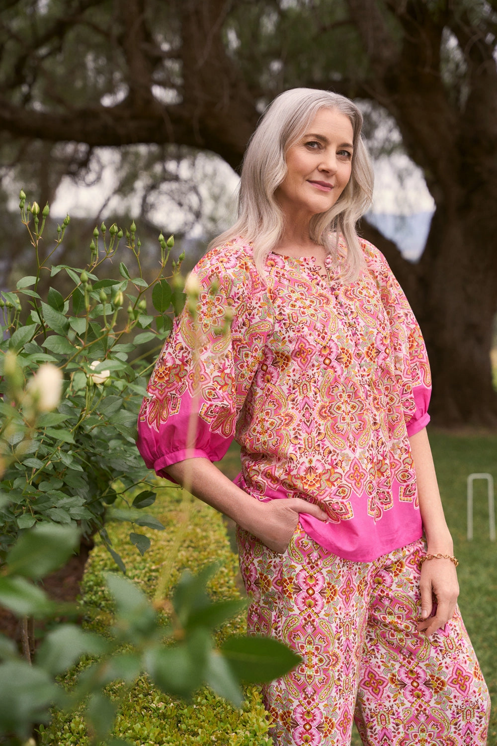 StretchKnit Cotton Blouse - Moroccan Tile Print