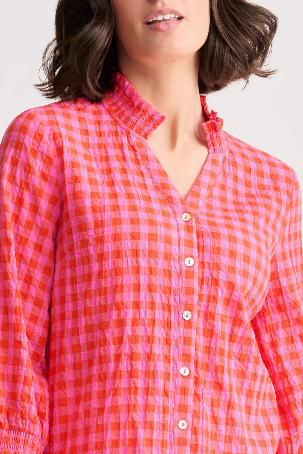 ComfortStretchFit Cotton Crinkle Shirt - Pink & Orange Gingham