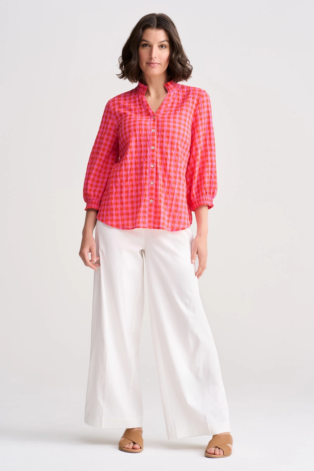 Cotton Crinkle Shirt - Pink & Orange Gingham SolarReflectiveFinish