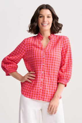 Cotton Crinkle Shirt - Pink & Orange Gingham Adjustable Cuff TaglessCollars