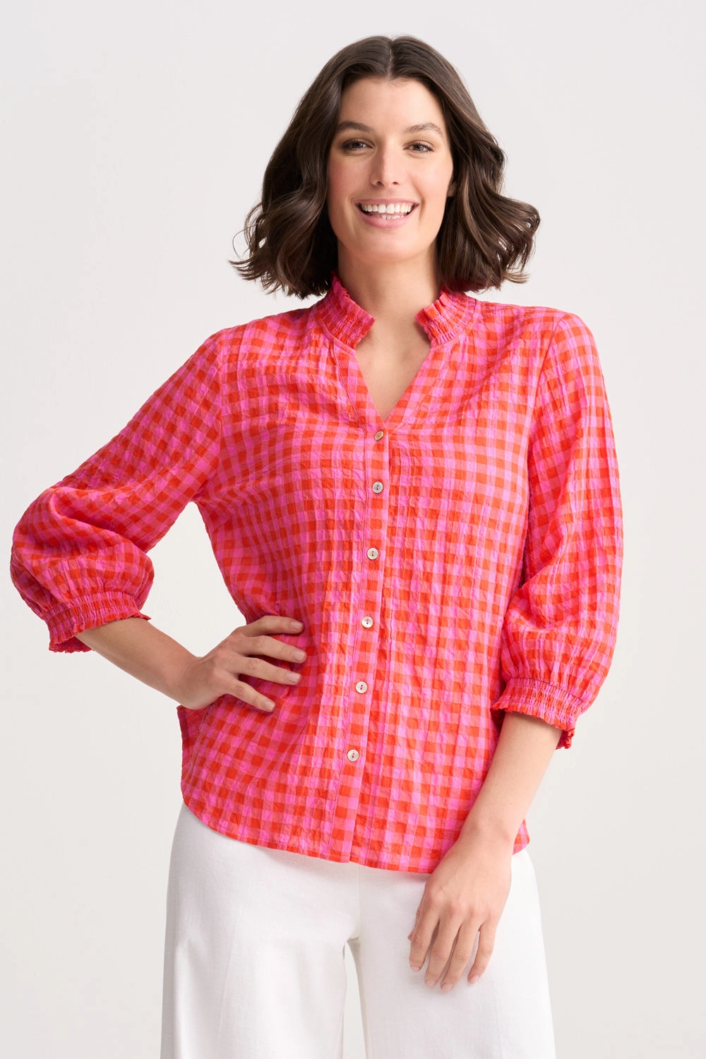Cotton Crinkle Shirt - Pink & Orange Gingham Adjustable Cuff TaglessCollars