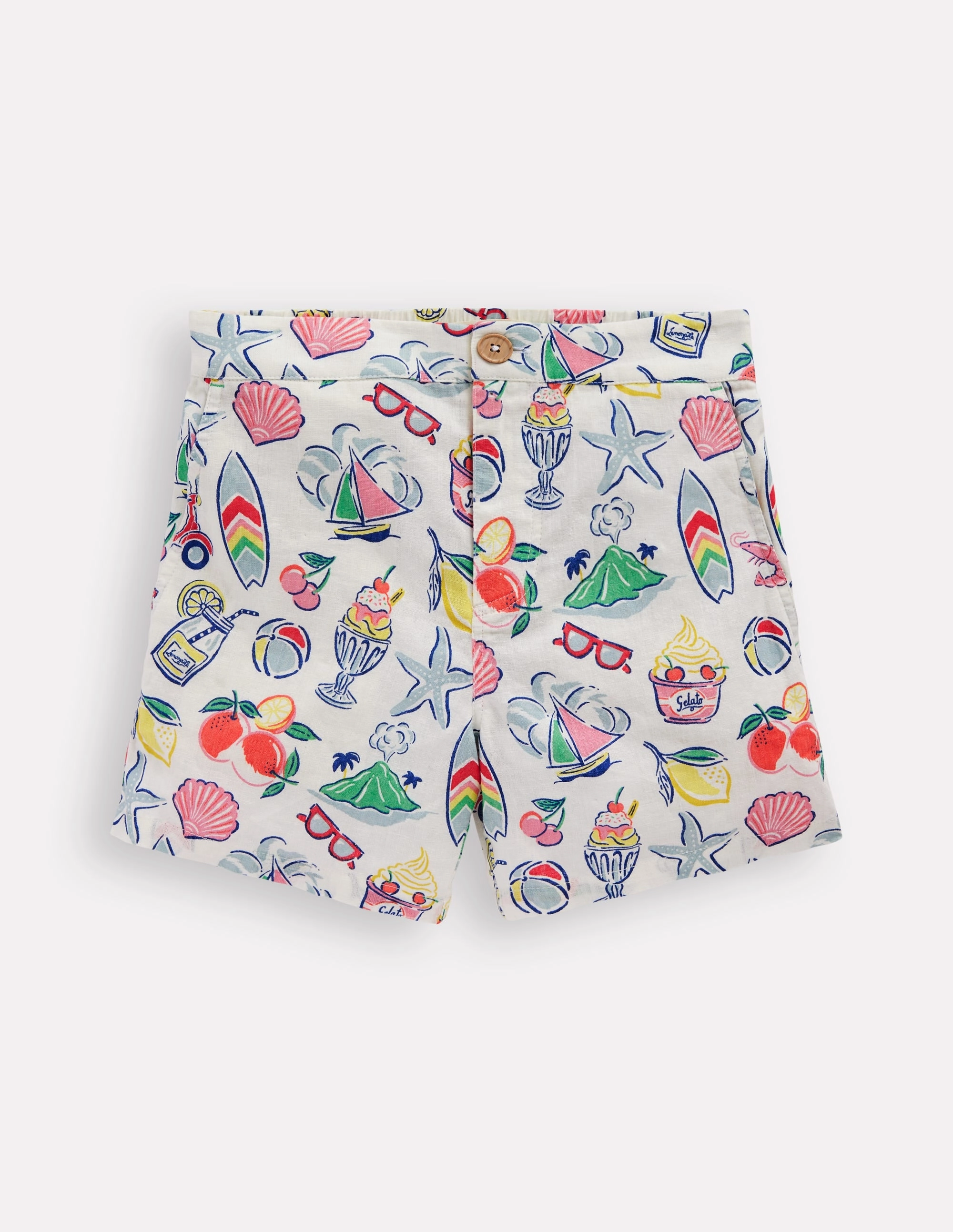 Cotton Linen Shorts-Ivory Holiday Print QuickReleaseBuckle