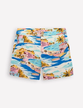 Pocket Reinforcement Cotton Linen Shorts-Multi Coastal Scene