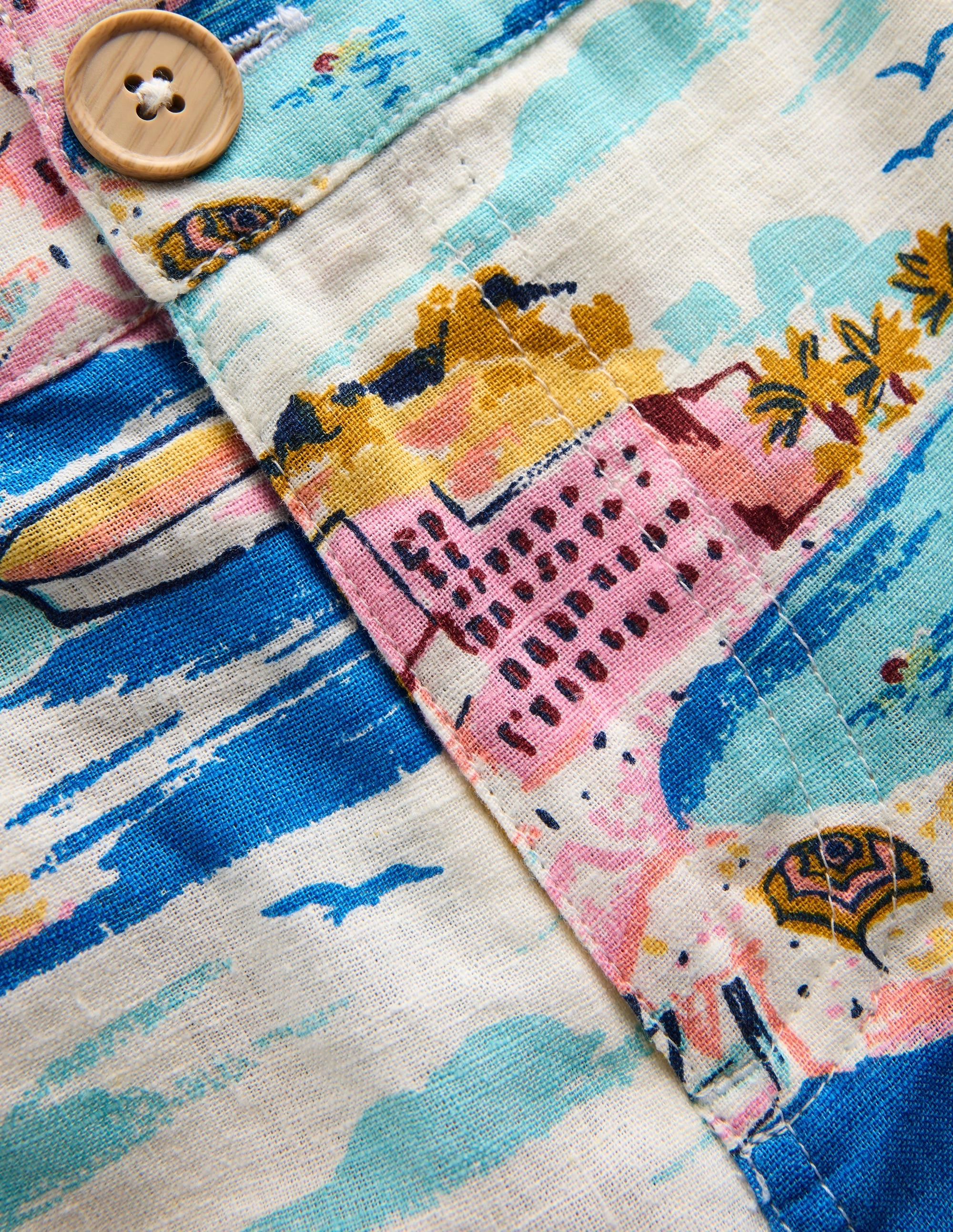 Cotton Linen Shorts-Multi Coastal Scene Semi Formal