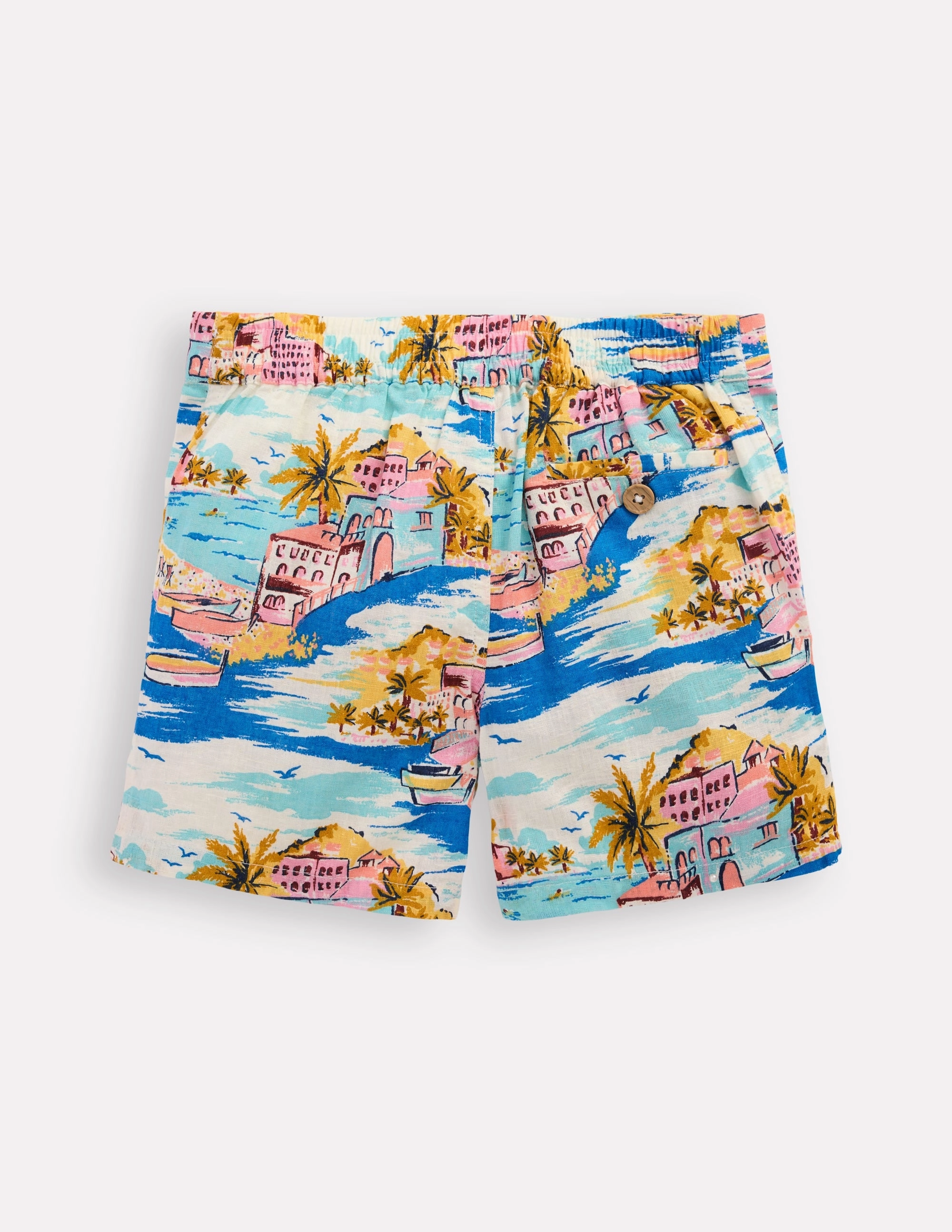 Cotton Linen Shorts-Multi Coastal Scene Weekend Outing