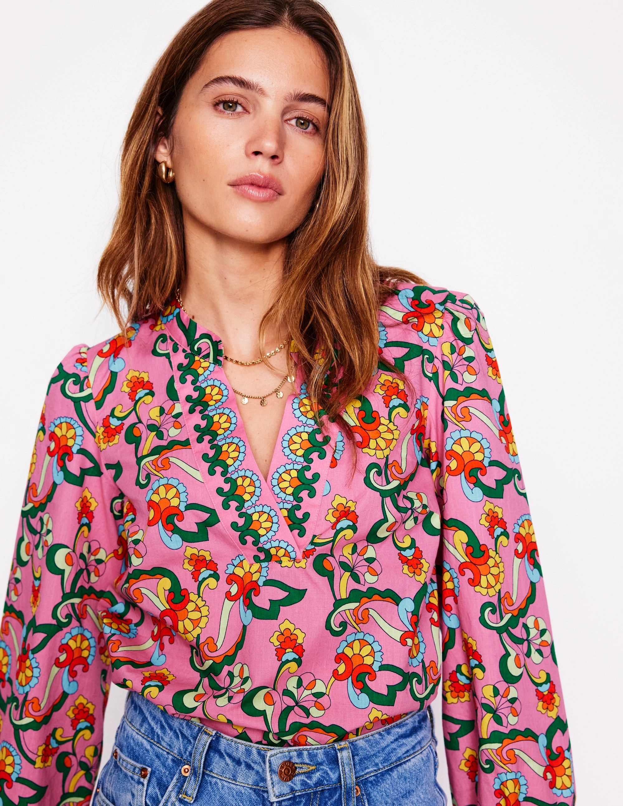 Cotton Notch Neck Top-Pink Rose, Foliage Trail comfortable top Casual Elegance