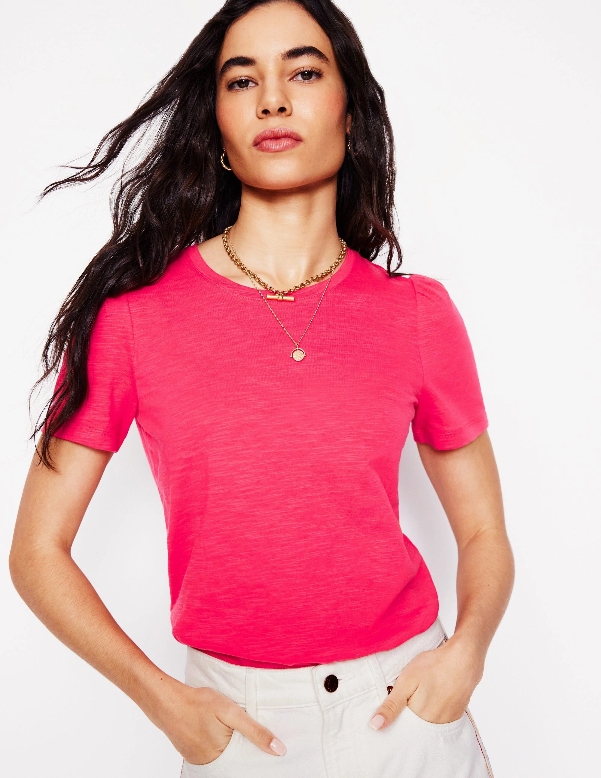 Sport Wear Floral Pattern Cotton Puff Sleeve T-Shirt-Camelia Pink