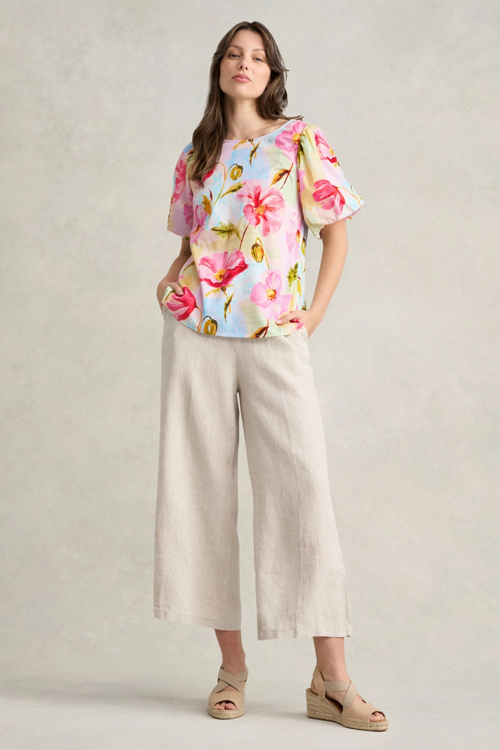 Comfortable Design Cotton Puff Sleeve Top - Painterly Meadow