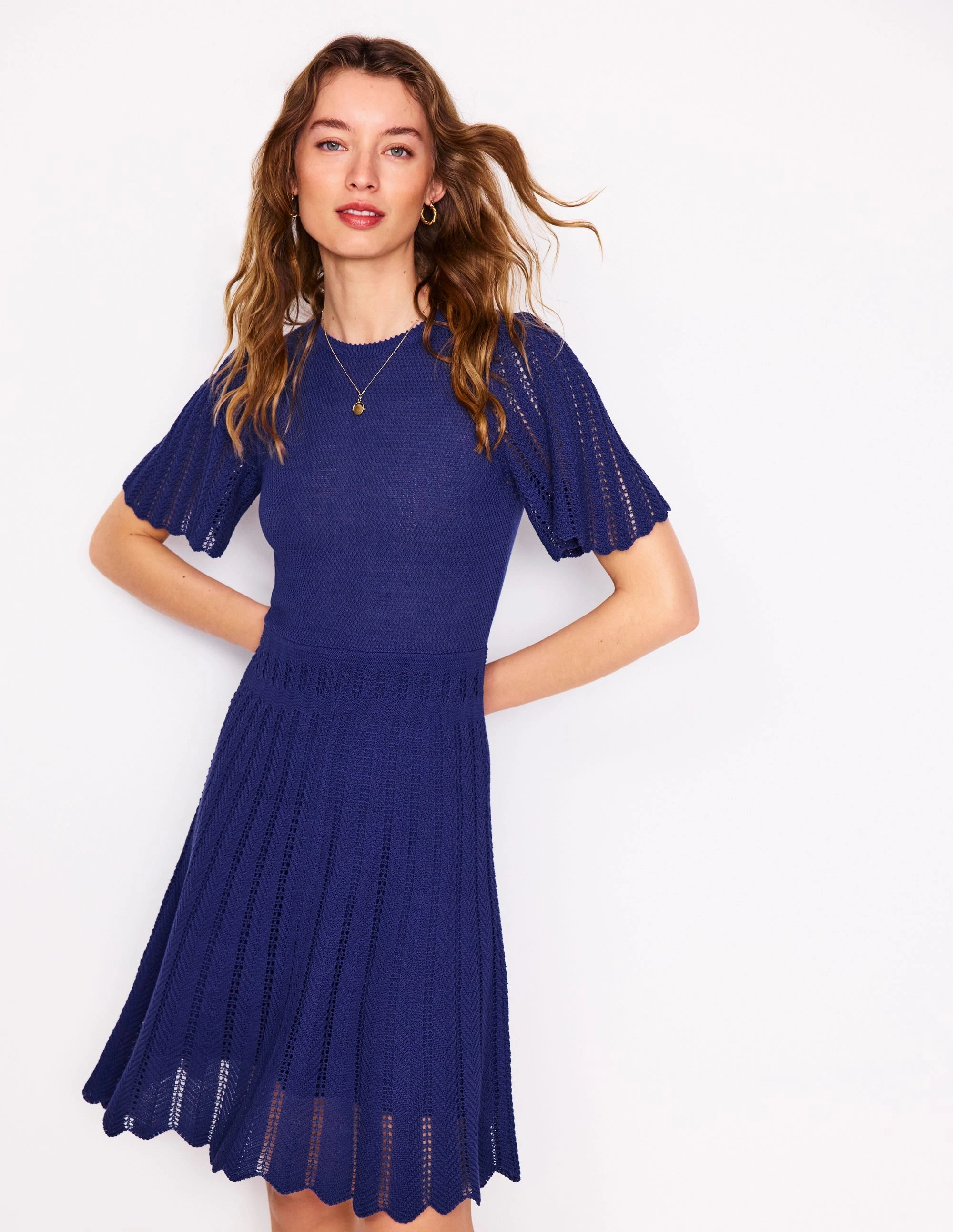 Flattering Cut Wear Gentle Fit Cotton Stitch Crew Dress-Twilight Blue