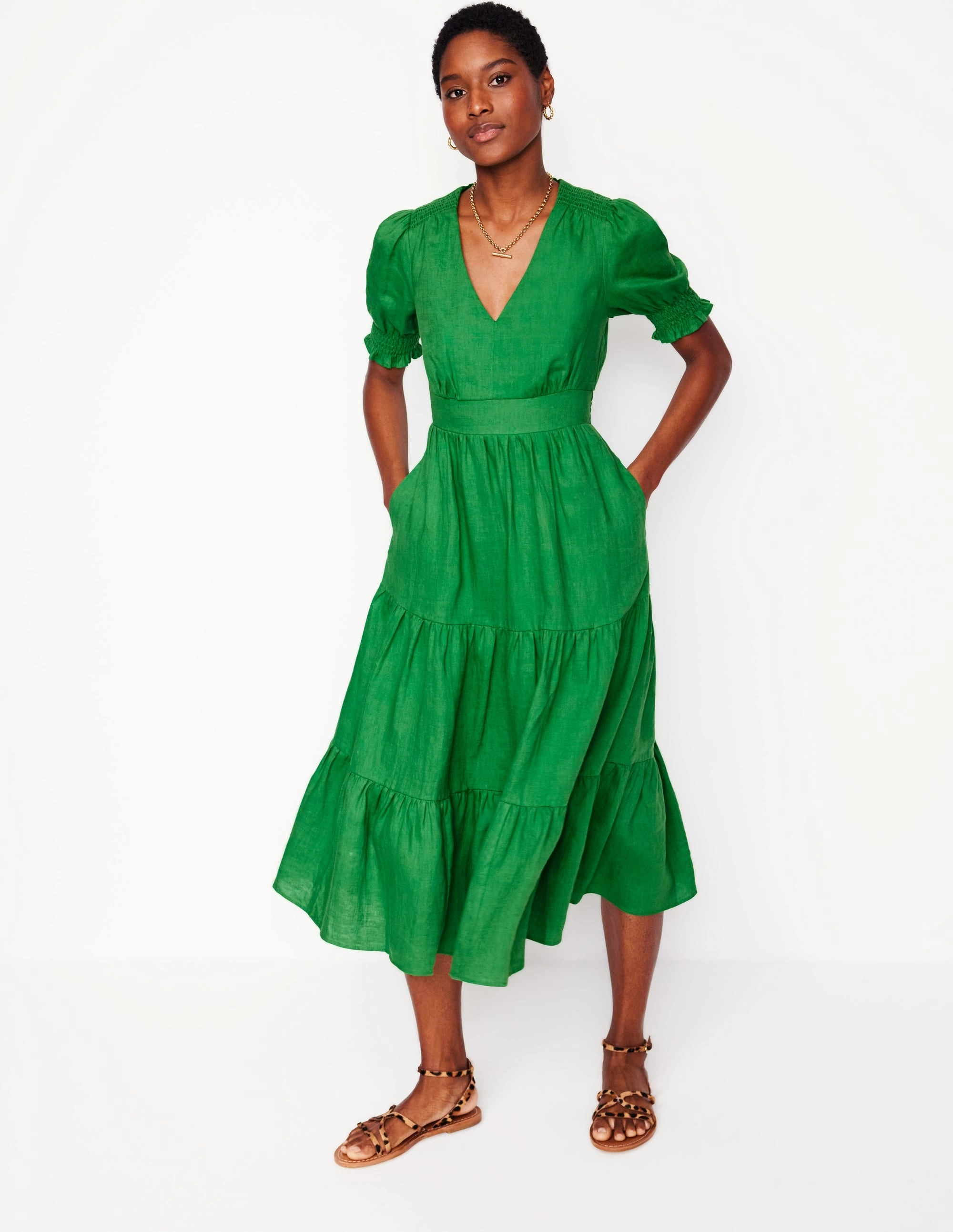 Anna Linen Tiered Midi Dress-Paradise Green Everyday Piece