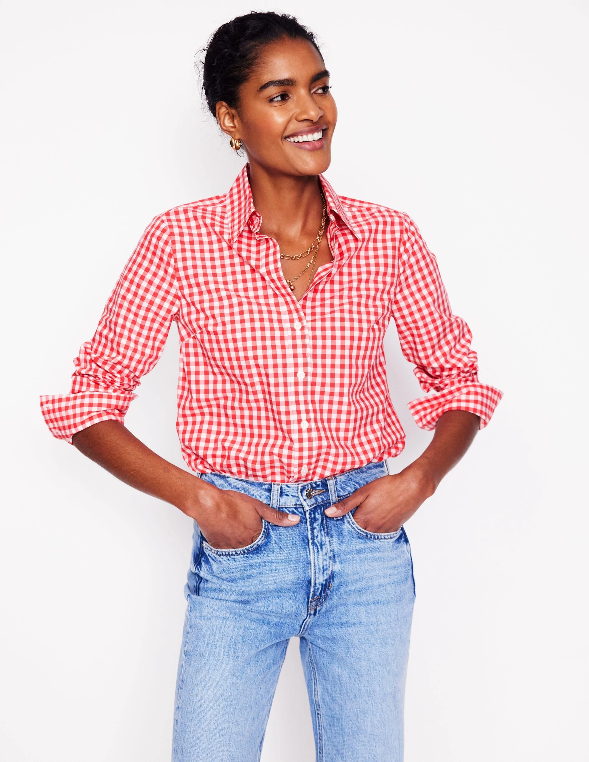 NonIronTechnology Sienna Cotton Shirt-Jam Red Gingham