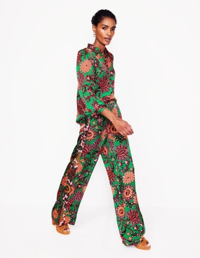 Seamless Waistband Wide Leg Pull-on Trousers-Rich Emerald, Ornate Bud