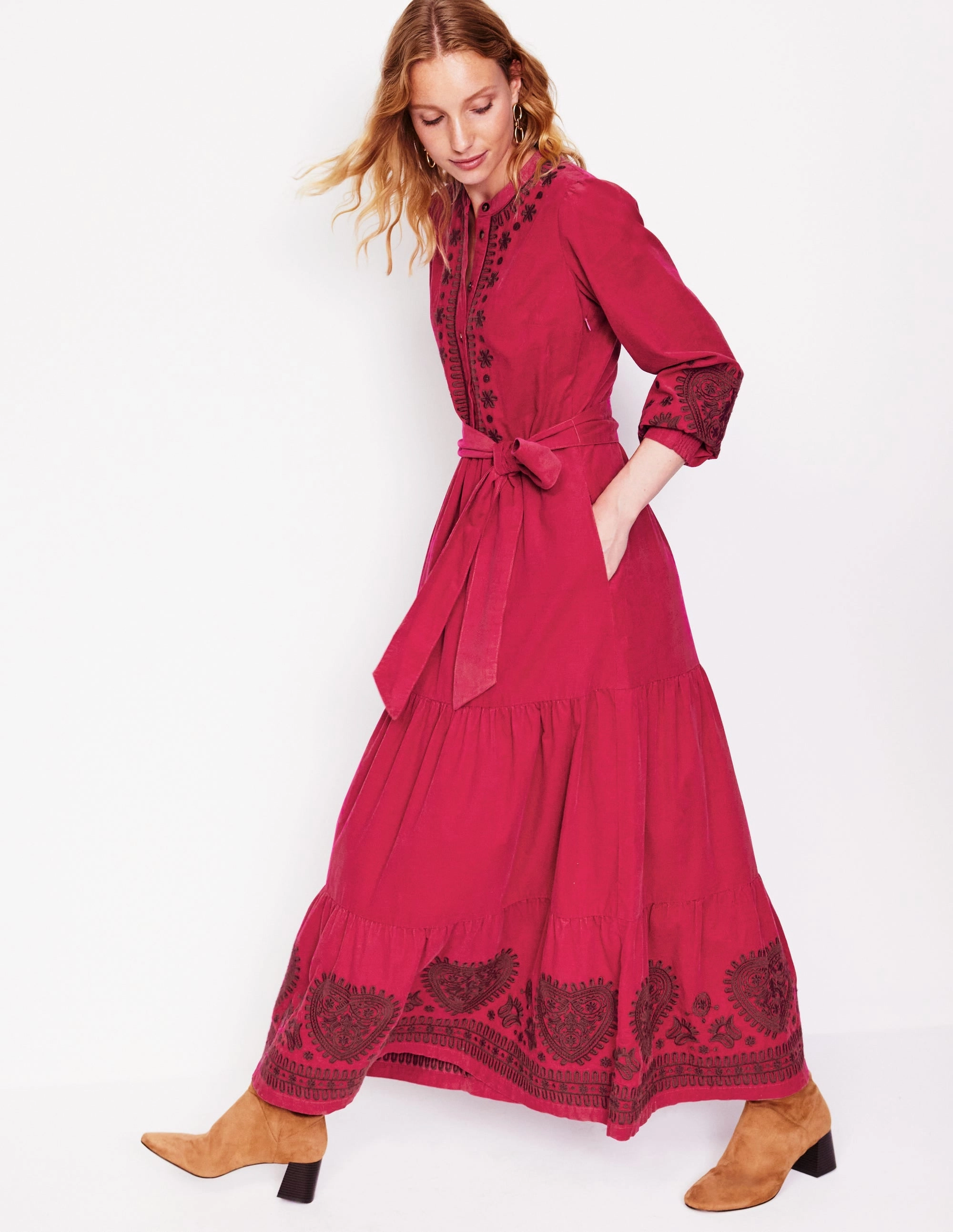 Profile Enhancer Contemporary Style Alba Cord Maxi Dress-Cherry Jam, Embroidered