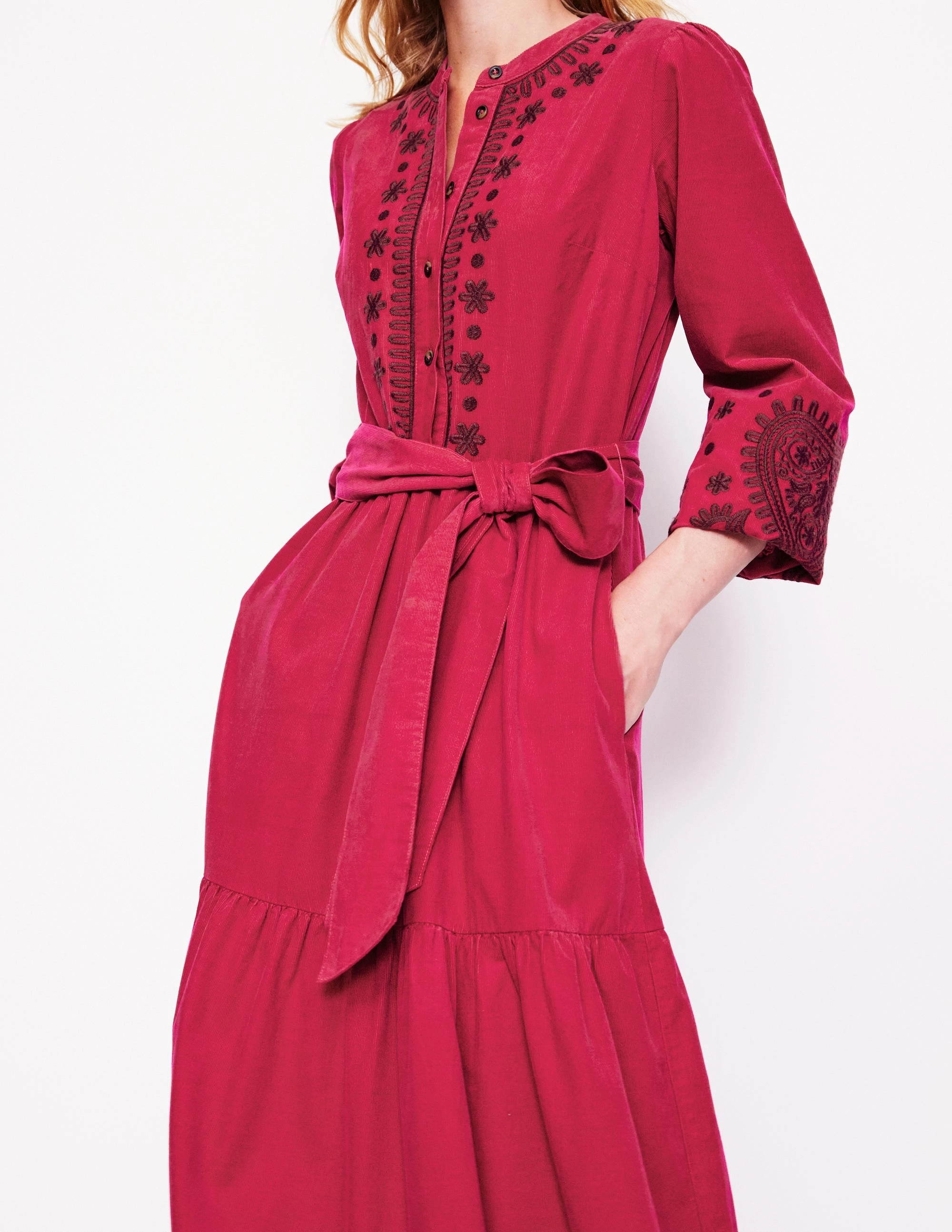 Alba Cord Maxi Dress-Cherry Jam, Embroidered Cruise-Wear