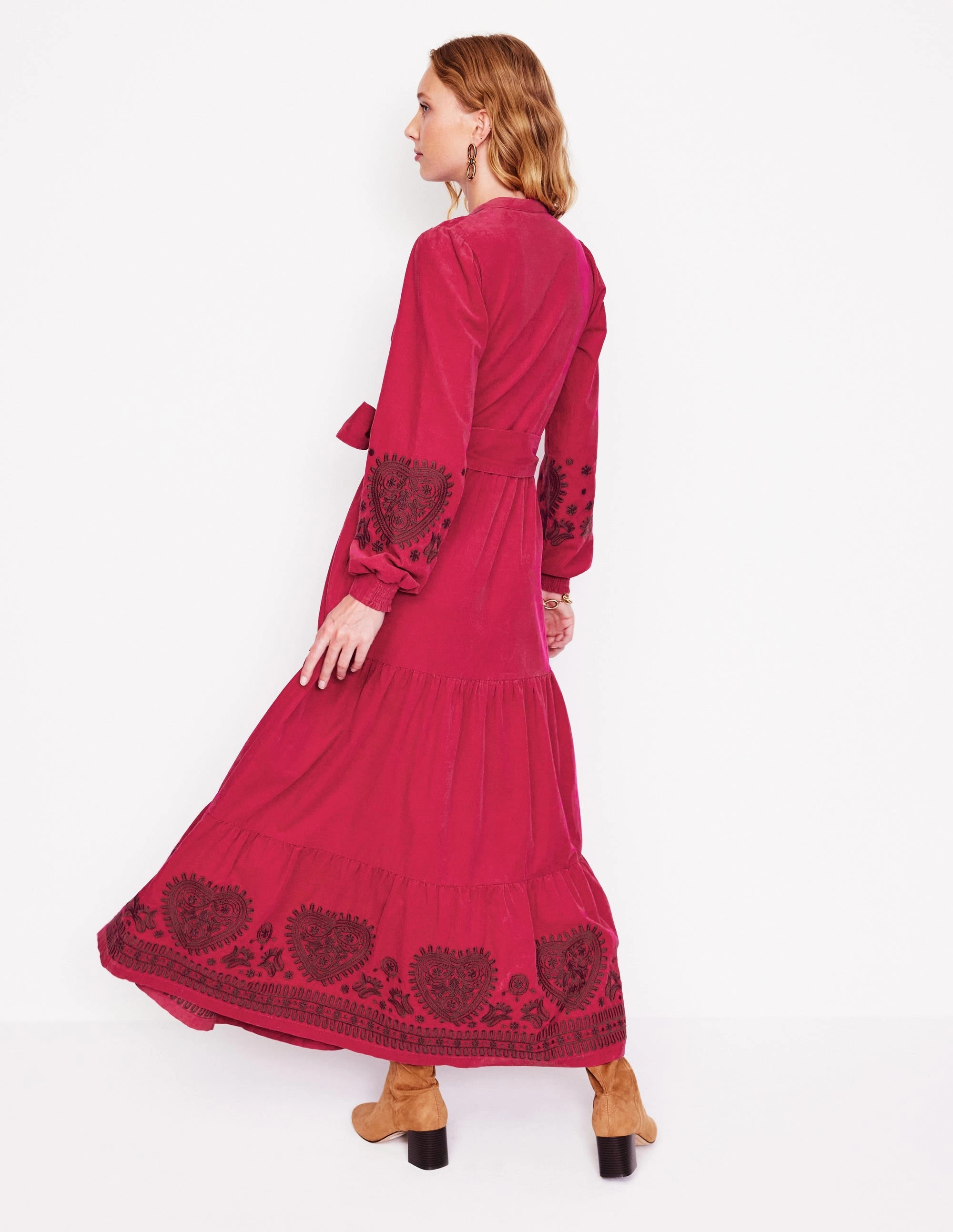 Alba Cord Maxi Dress-Cherry Jam, Embroidered Sophisticated Fit