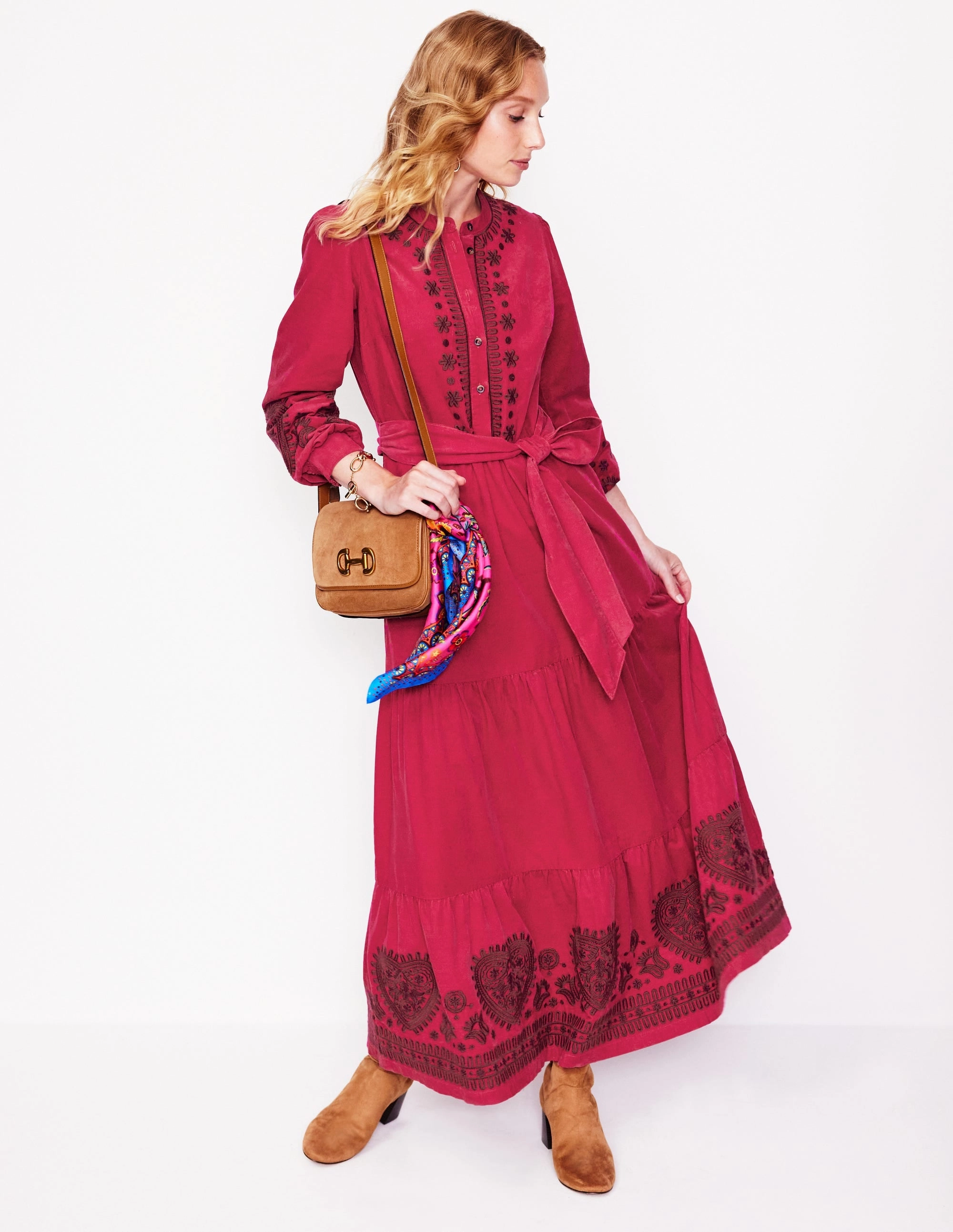 Alba Cord Maxi Dress-Cherry Jam, Embroidered Smooth Mood