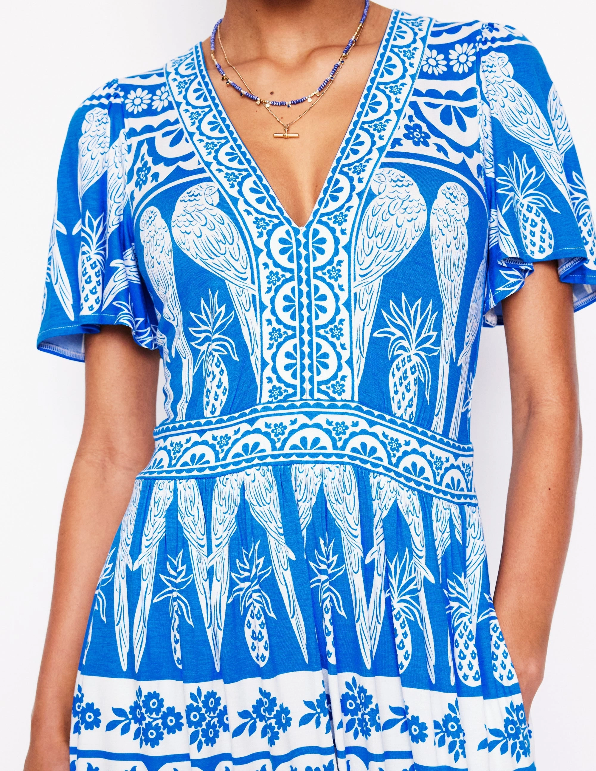 Ellie Flutter Maxi Tea Dress-Cerulean Blue, Ornate Tropics Sophisticated Elegance