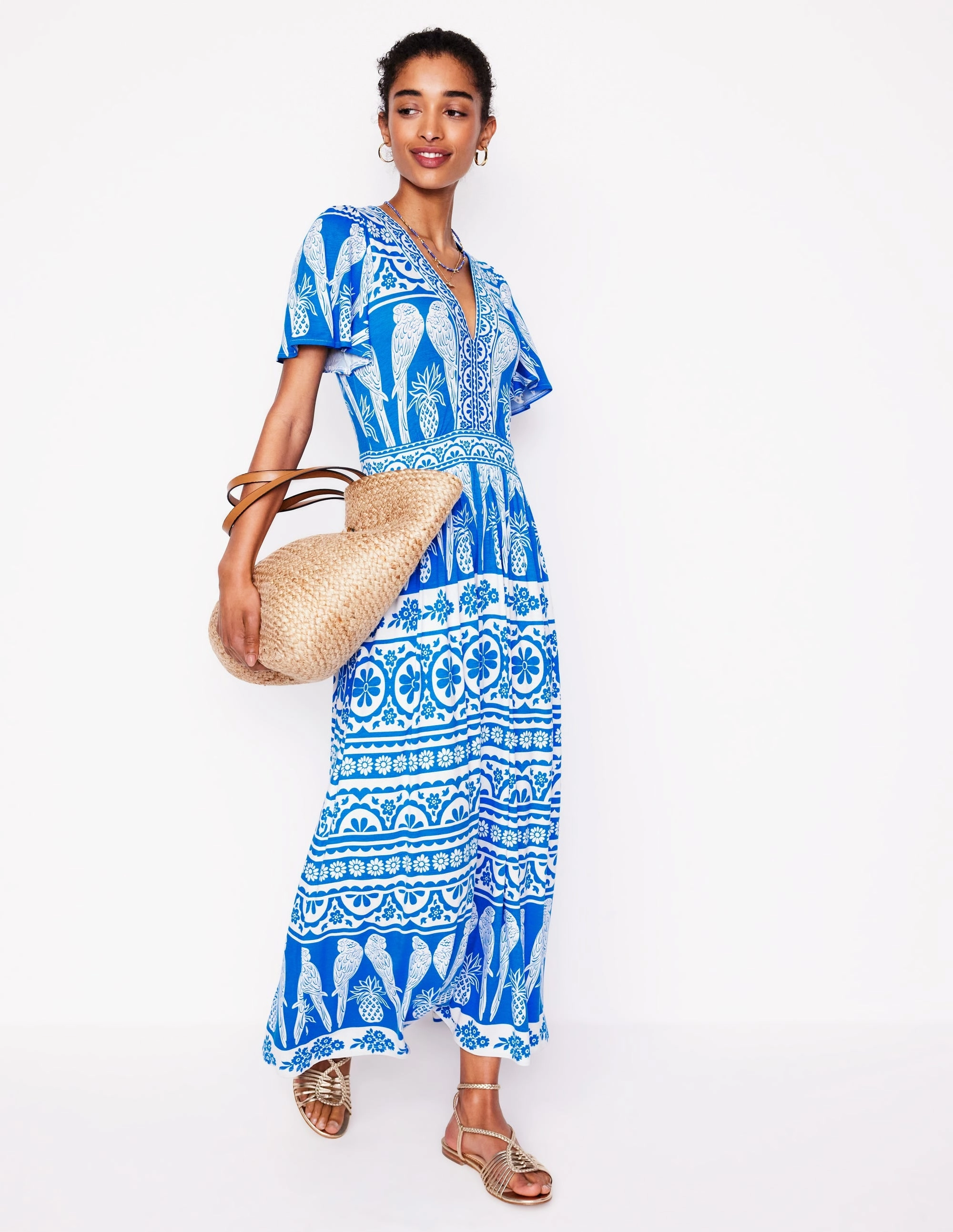 Formal Style Street Ready Ellie Flutter Maxi Tea Dress-Cerulean Blue, Ornate Tropics