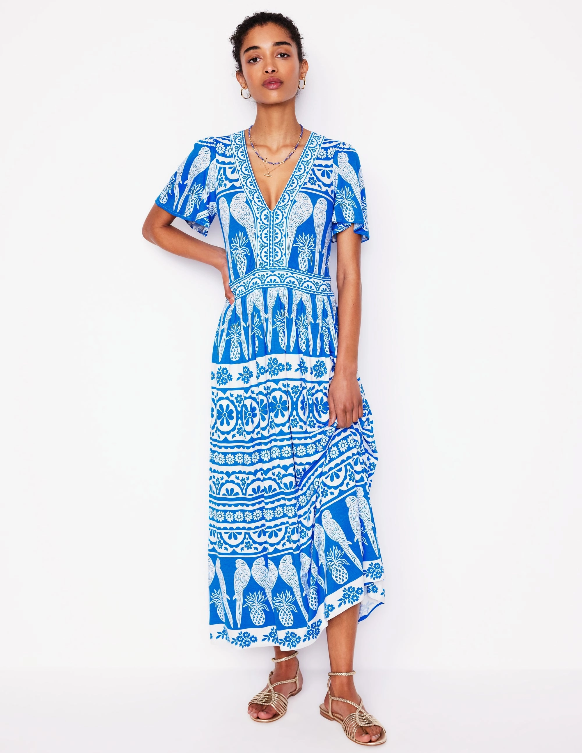 Ellie Flutter Maxi Tea Dress-Cerulean Blue, Ornate Tropics Flare Hem