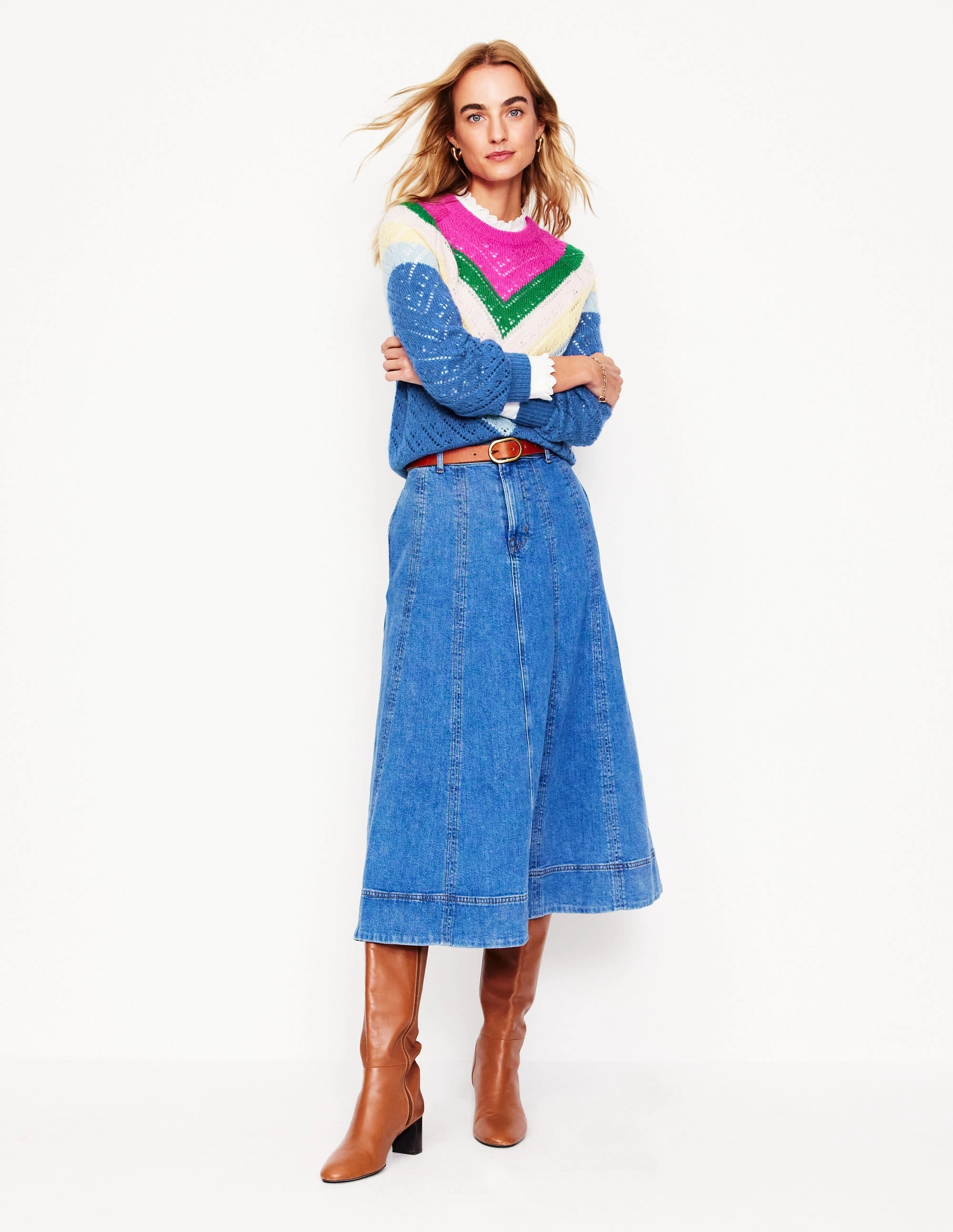 Warm Vibe Alice Fluffy Raglan Jumper-Blue and Pink Chevron