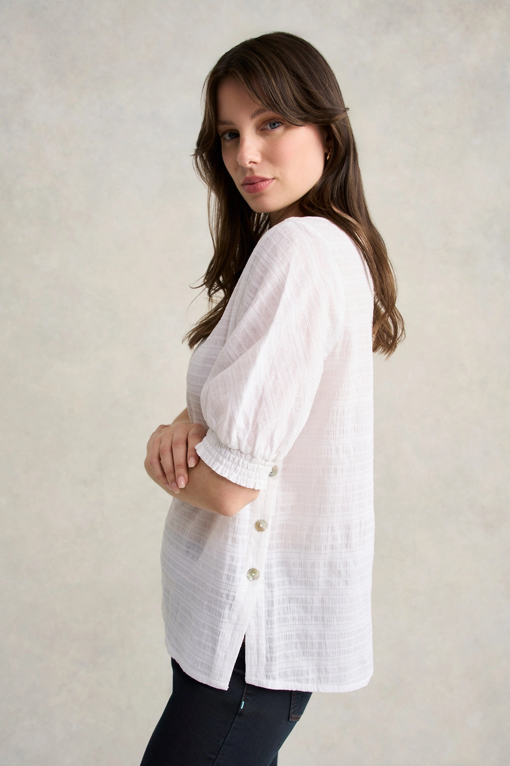 Crinkle Cotton Top - White Quick Release Buttons