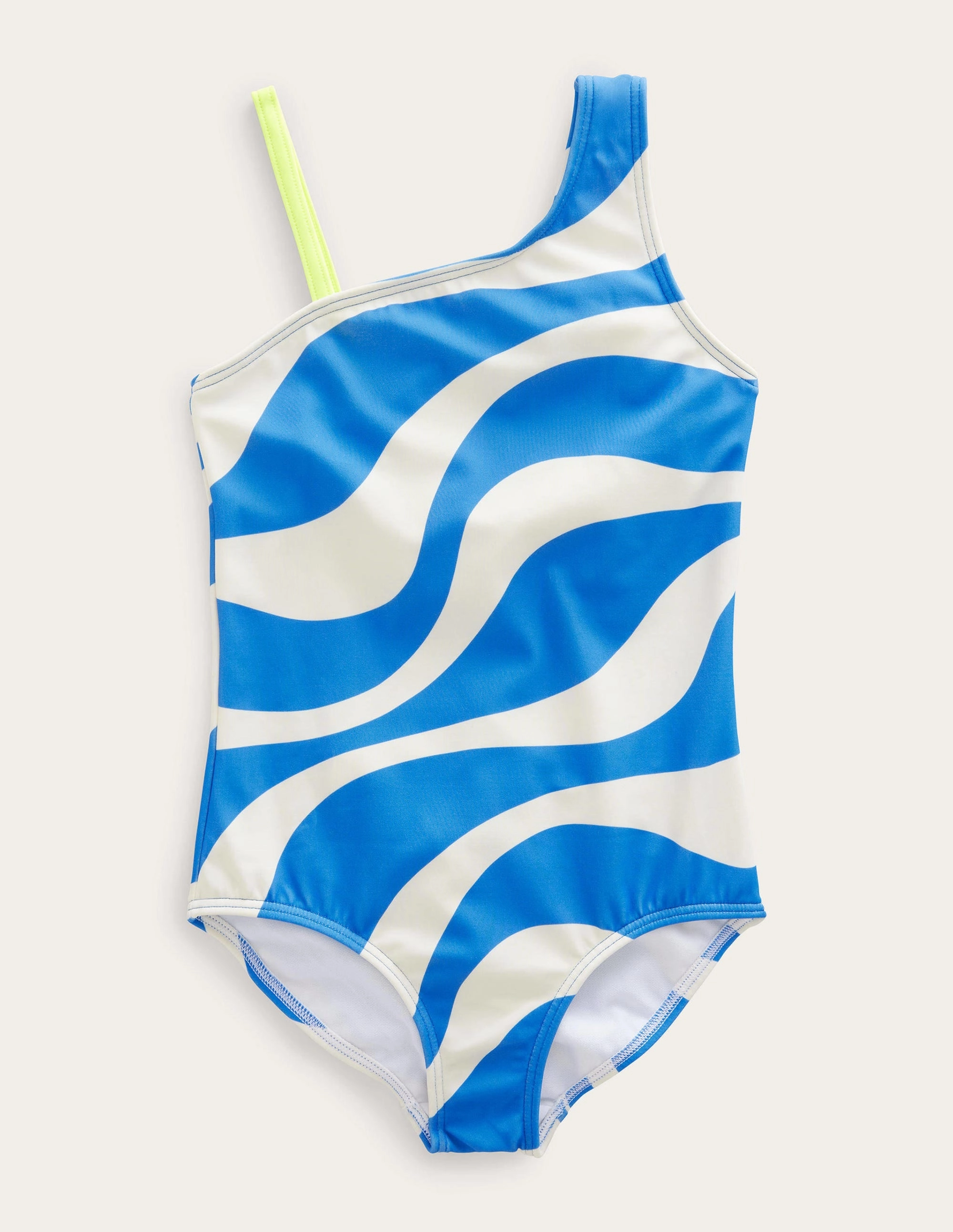 One Shoulder Swimsuit-Ivory and Cabana Blue Wave Moderate Coverage Cut Summer Adventure