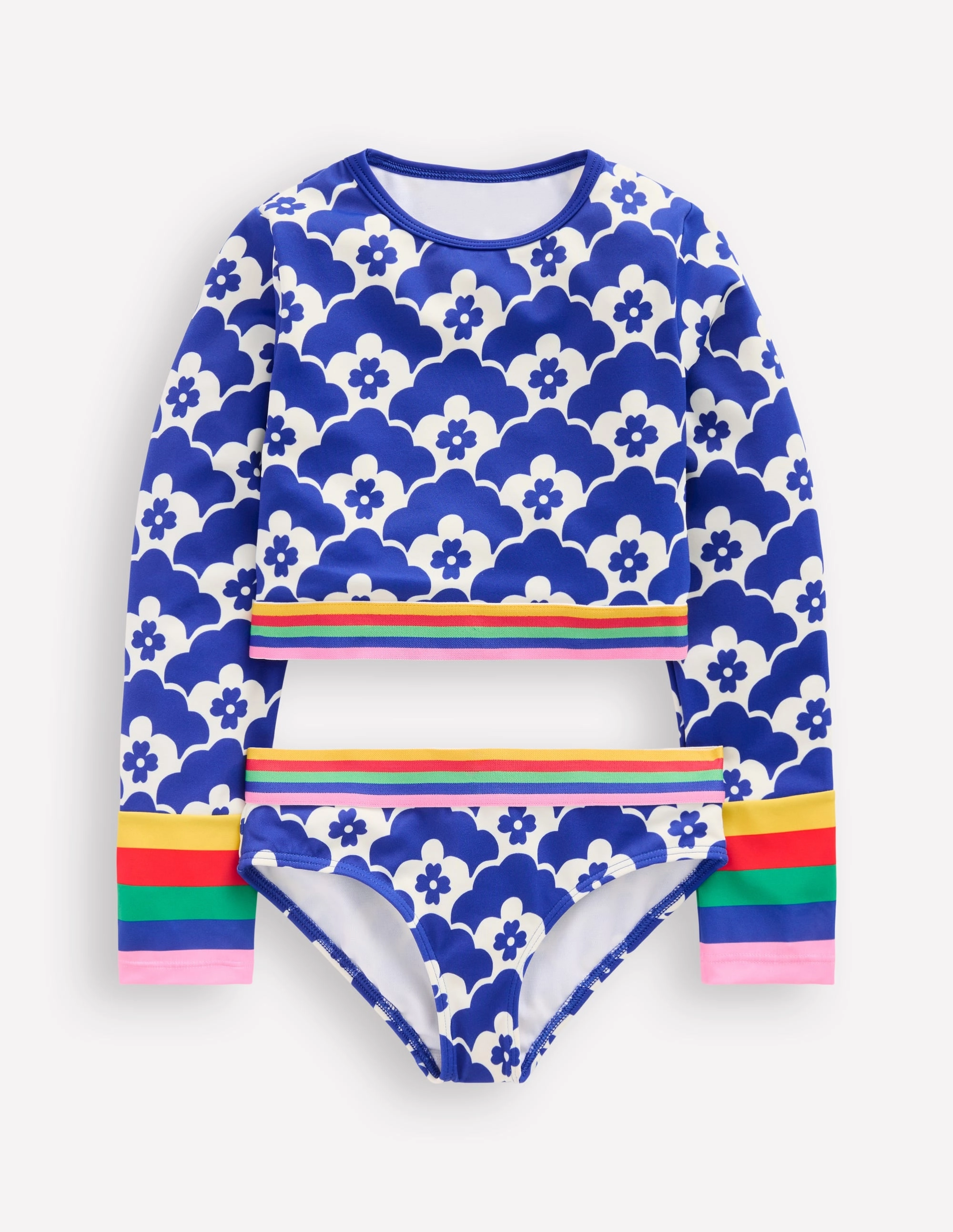 Fade Resistant Color Lock Ultra Soft Elastane Cropped Rash Vest Set-Orion Blue Geo Flower