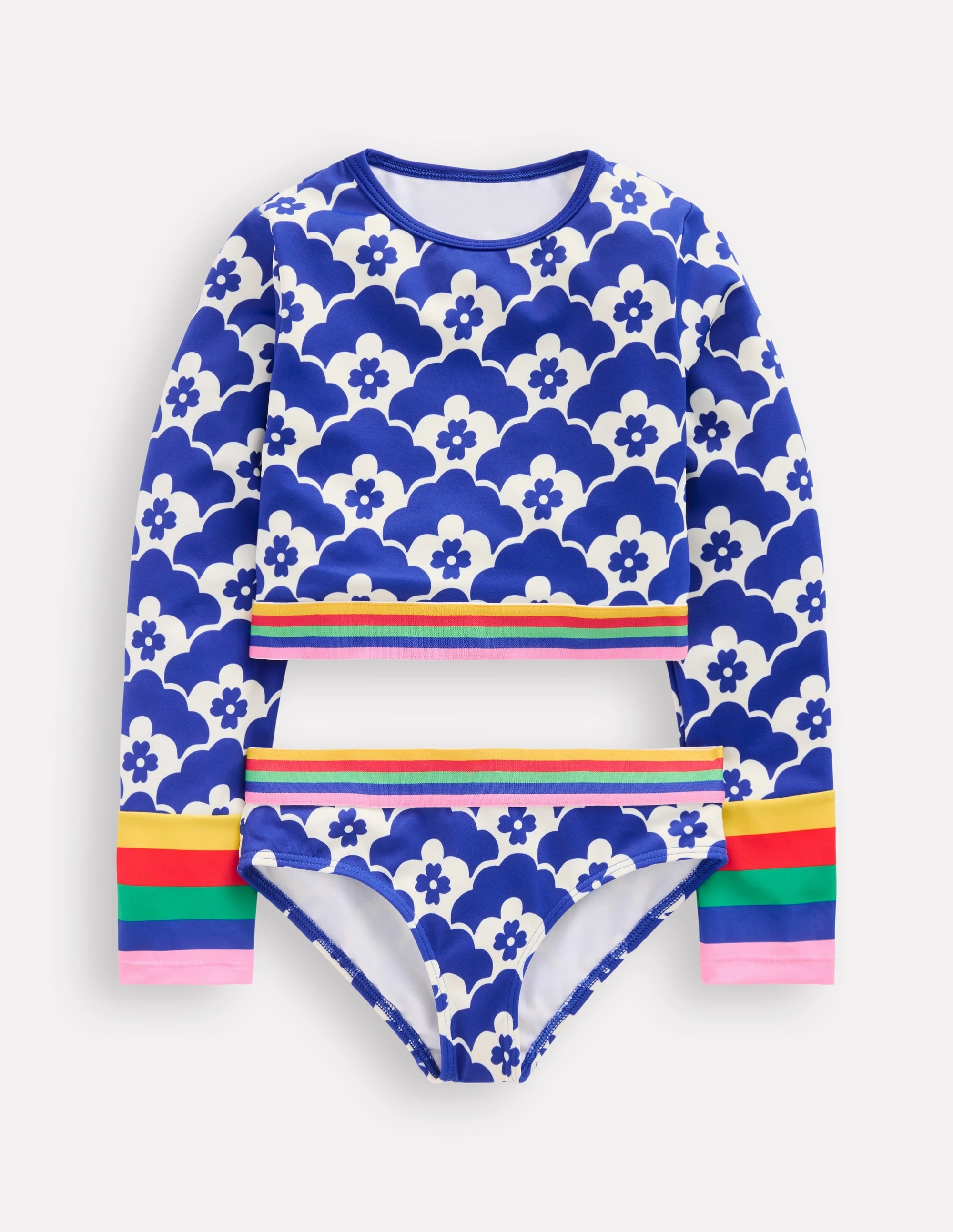 Antimicrobial Treatment Durable Elastic Edging Cropped Rash Vest Set-Orion Blue Geo Flower