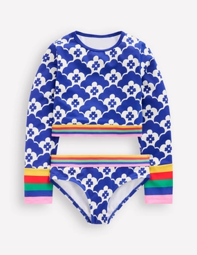 Fade Resistant Color Lock Ultra Soft Elastane Cropped Rash Vest Set-Orion Blue Geo Flower