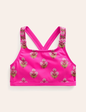 Cross Back Bikini Top-Pink Small Woodblock Floral-Motif Holiday Collection