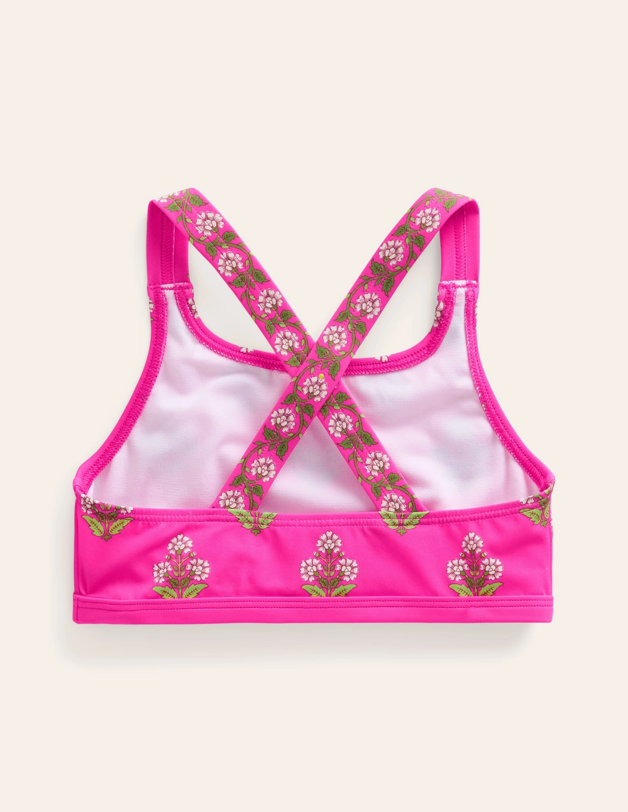 Cross Back Bikini Top-Pink Small Woodblock UV Protective Material Padded-Cups
