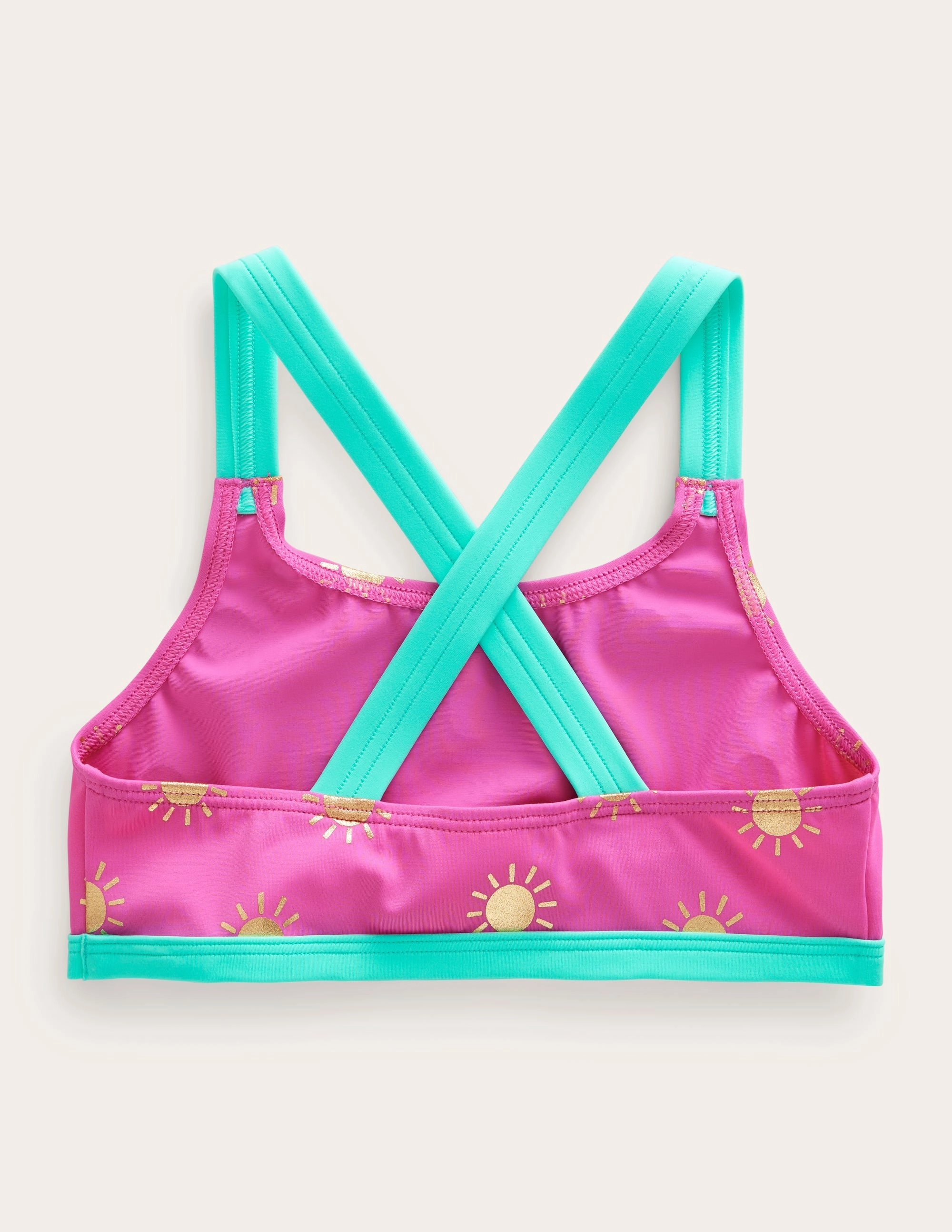 Cross Back Bikini Top-Tickled Pink Gold Foil Suns Sun Safe Fun In The Water
