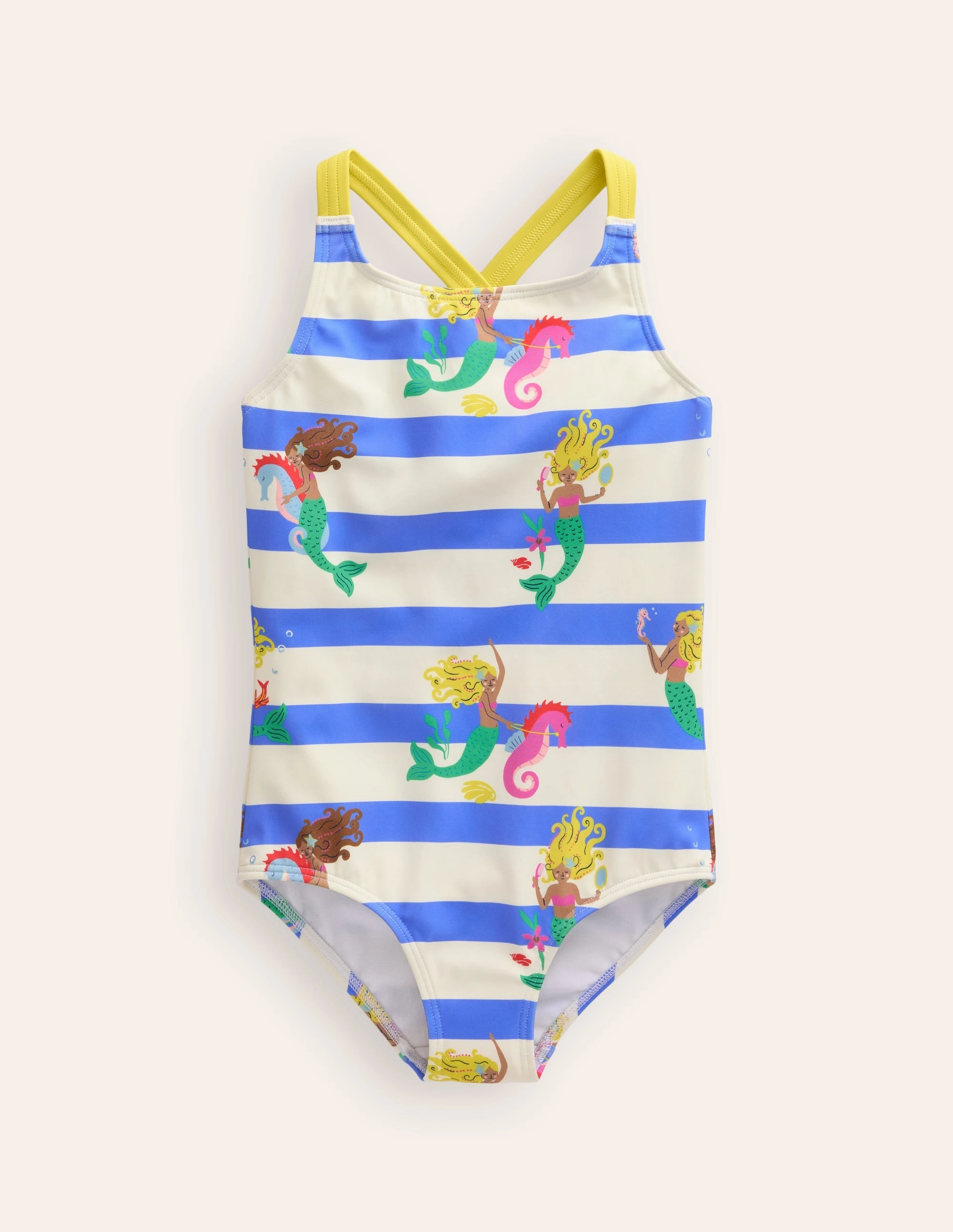 Cross-back Printed Swimsuit-Surf Blue Mermaid Stripe Quick Release Fasteners Water Sport Attire