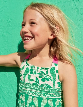 Cross-back Tankini Top-Rich Emerald Parrot Palm Tummy Control Panels