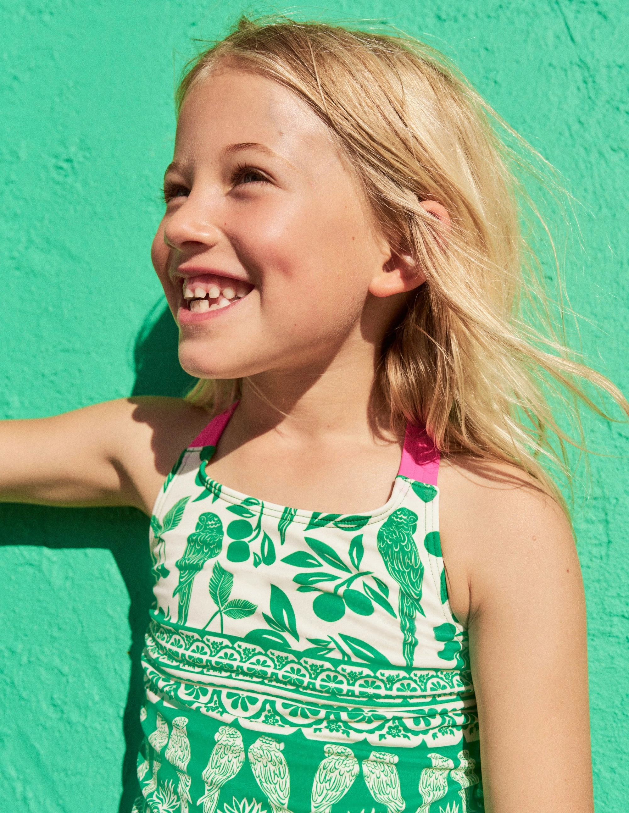 Cross-back Tankini Top-Rich Emerald Parrot Palm Tummy Control Panels