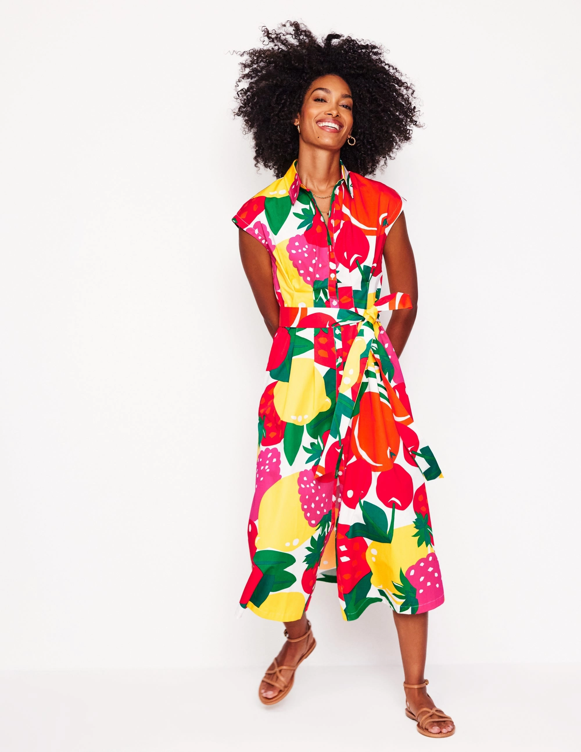 Rachel Cotton Midi Shirt Dress-Multi, Summer Fruits Casual Must-Have Daily Confidence