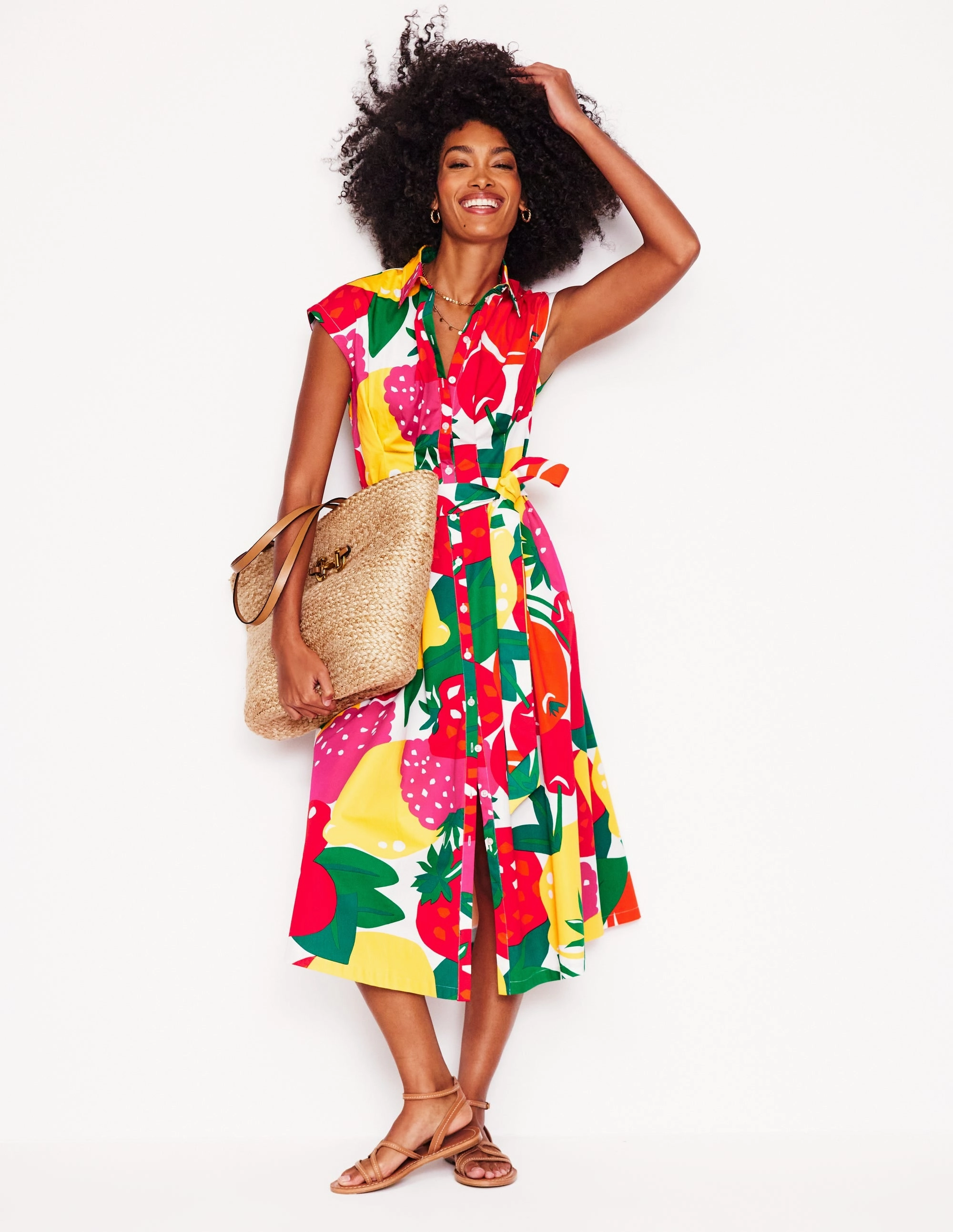 Rachel Cotton Midi Shirt Dress-Multi, Summer Fruits All Fit Style
