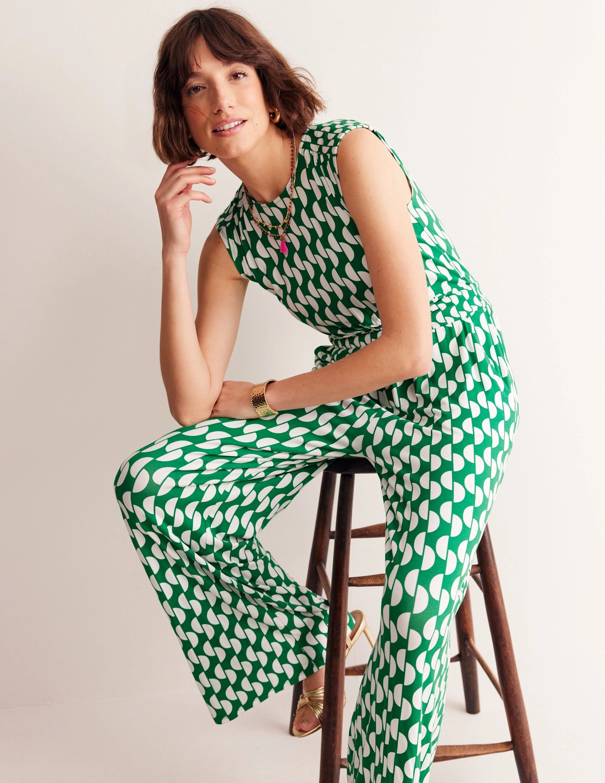 Minimalist Style Thea Jersey Jumpsuit-Green, Geo Wave