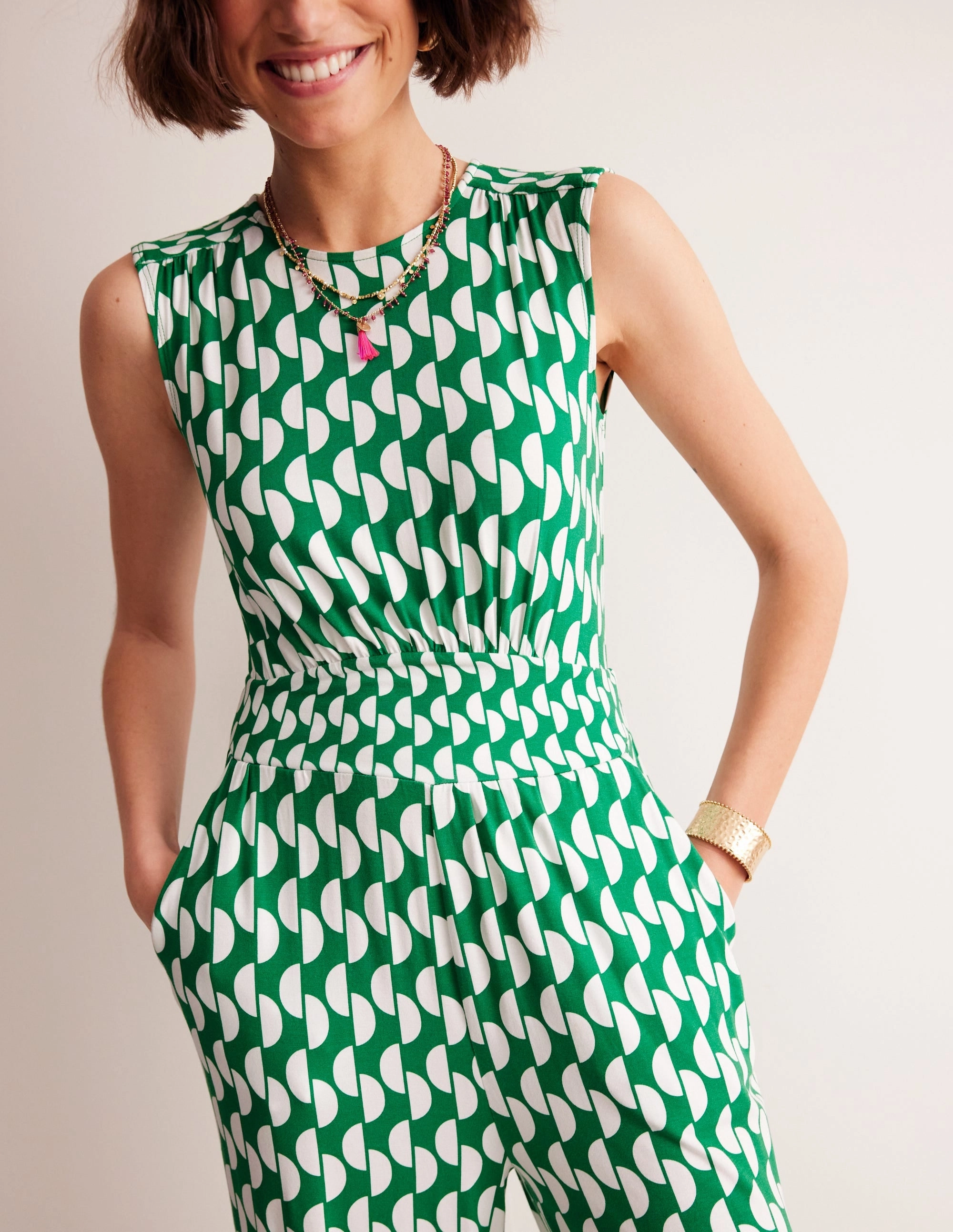 Thea Jersey Jumpsuit-Green, Geo Wave Timeless Waist Fit