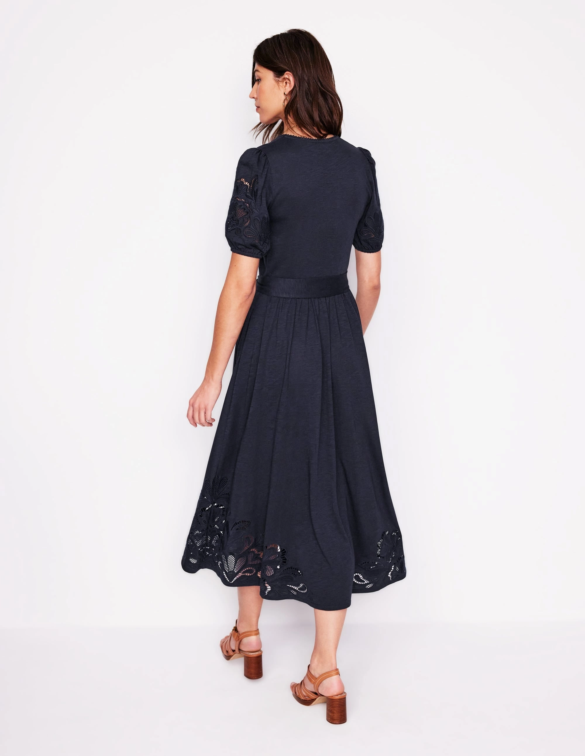 Cutwork Detail Midi Dress-Navy Simplistic Mood Luxe Fabric