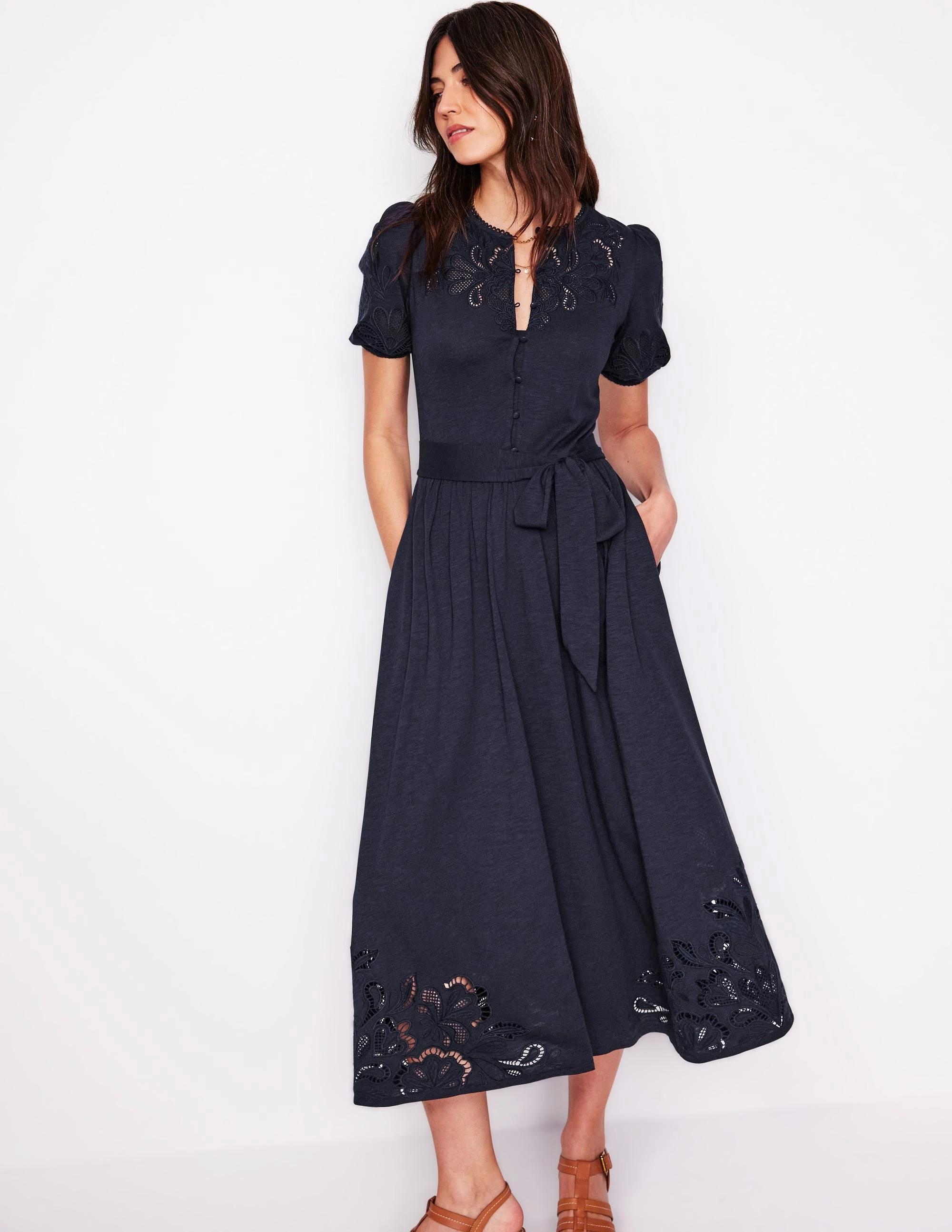 skin friendly Cutwork Detail Midi Dress-Navy