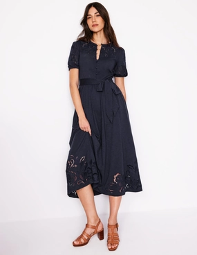 Ruffle-Detail Art-Gallery Cutwork Detail Midi Dress-Navy